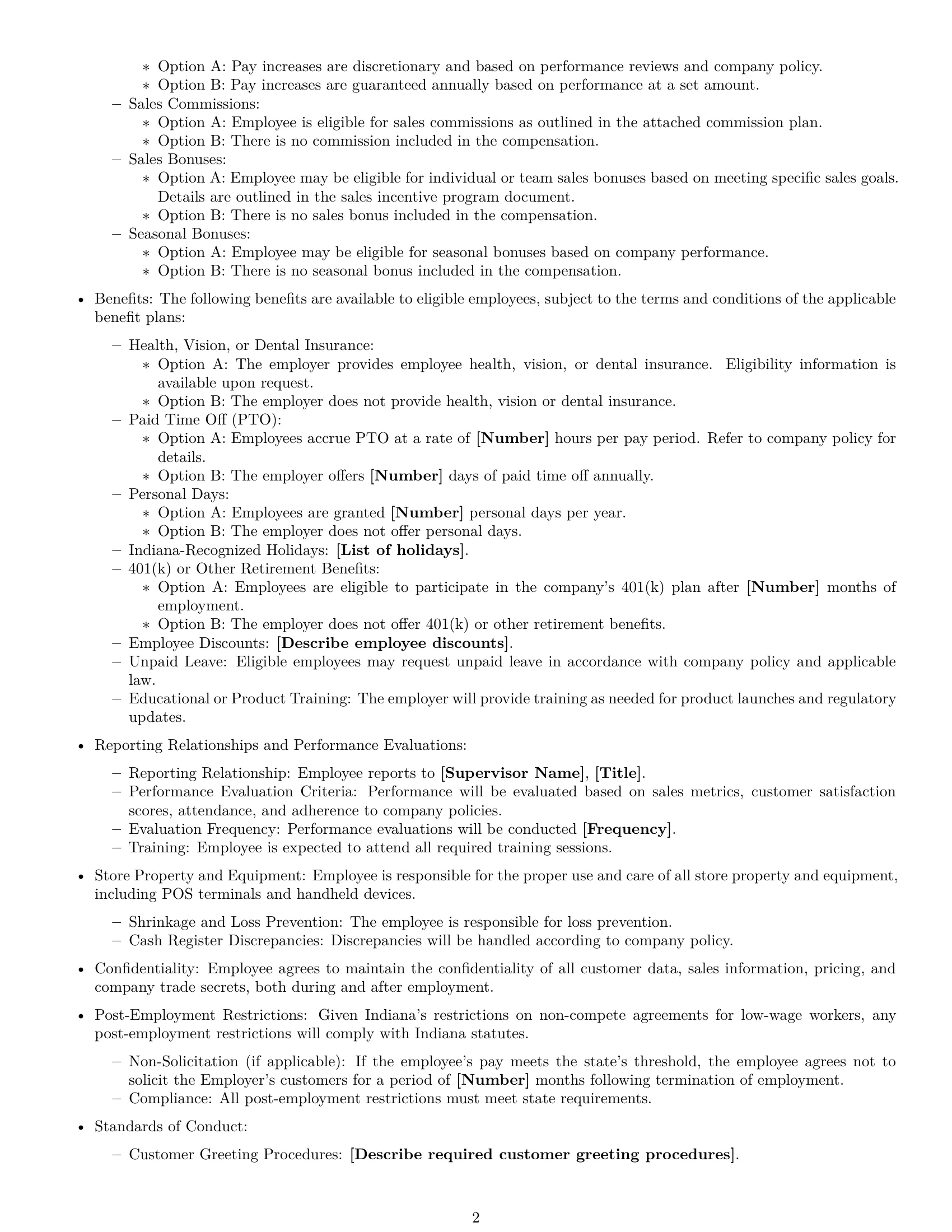 Preview page 2 of Free Indiana retail sales associate employment contract template