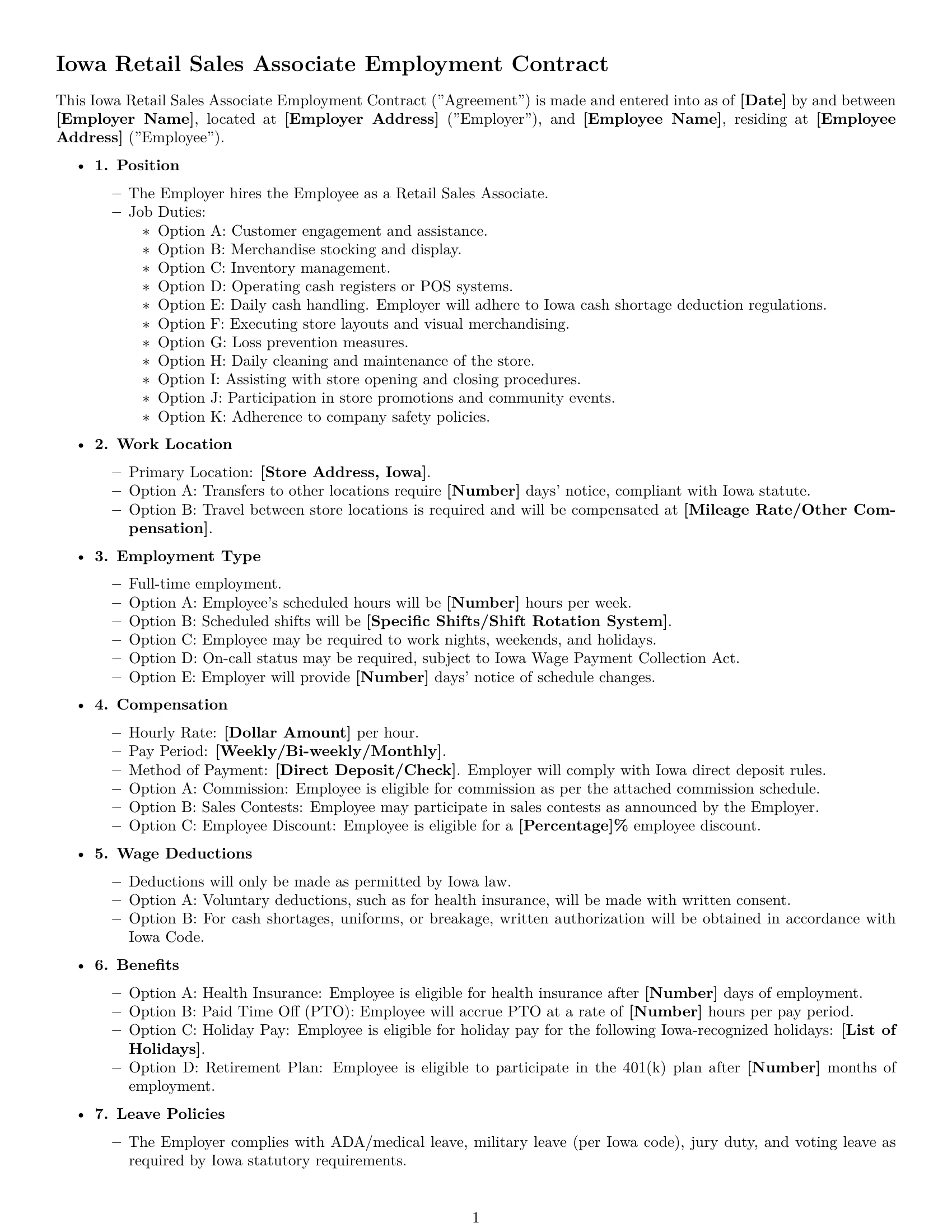 Preview page 1 of Free Iowa retail sales associate employment contract template