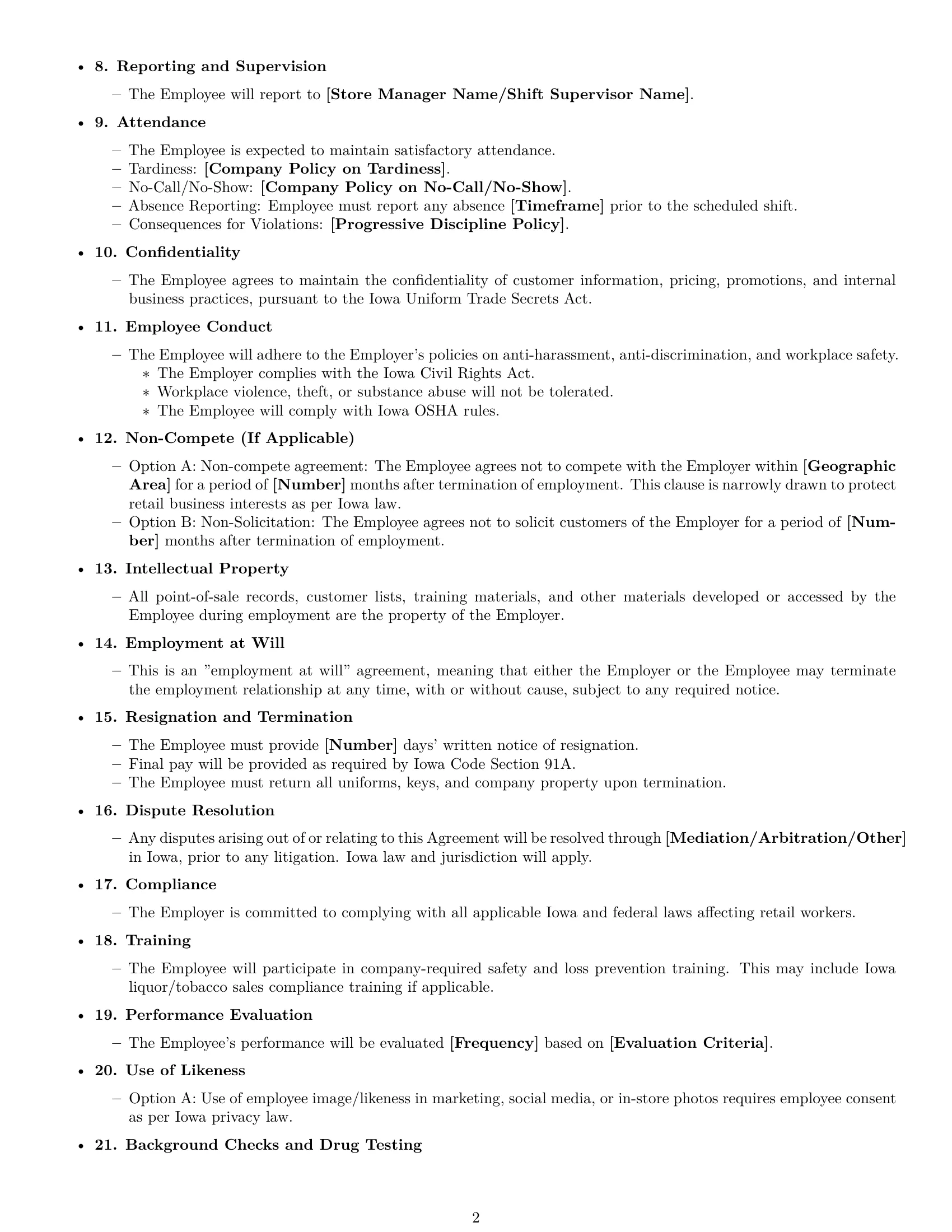 Preview page 2 of Free Iowa retail sales associate employment contract template