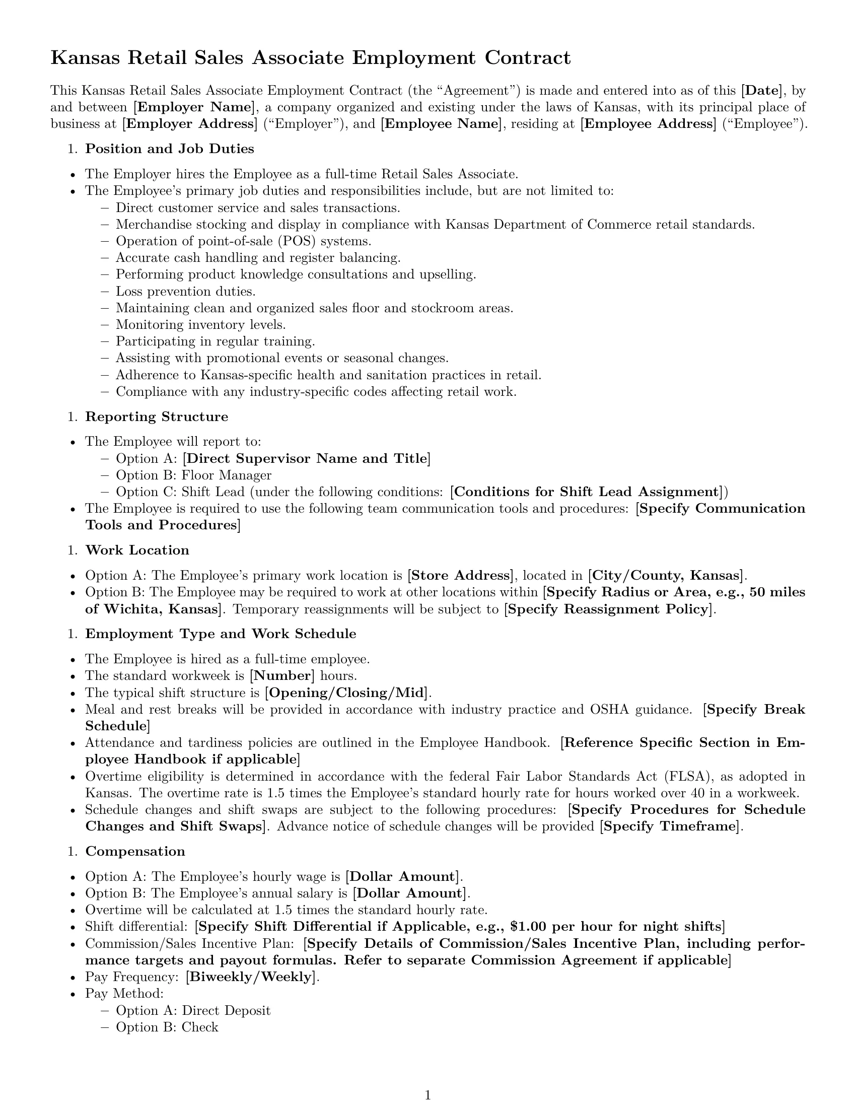 Preview page 1 of Free Kansas retail sales associate employment contract template