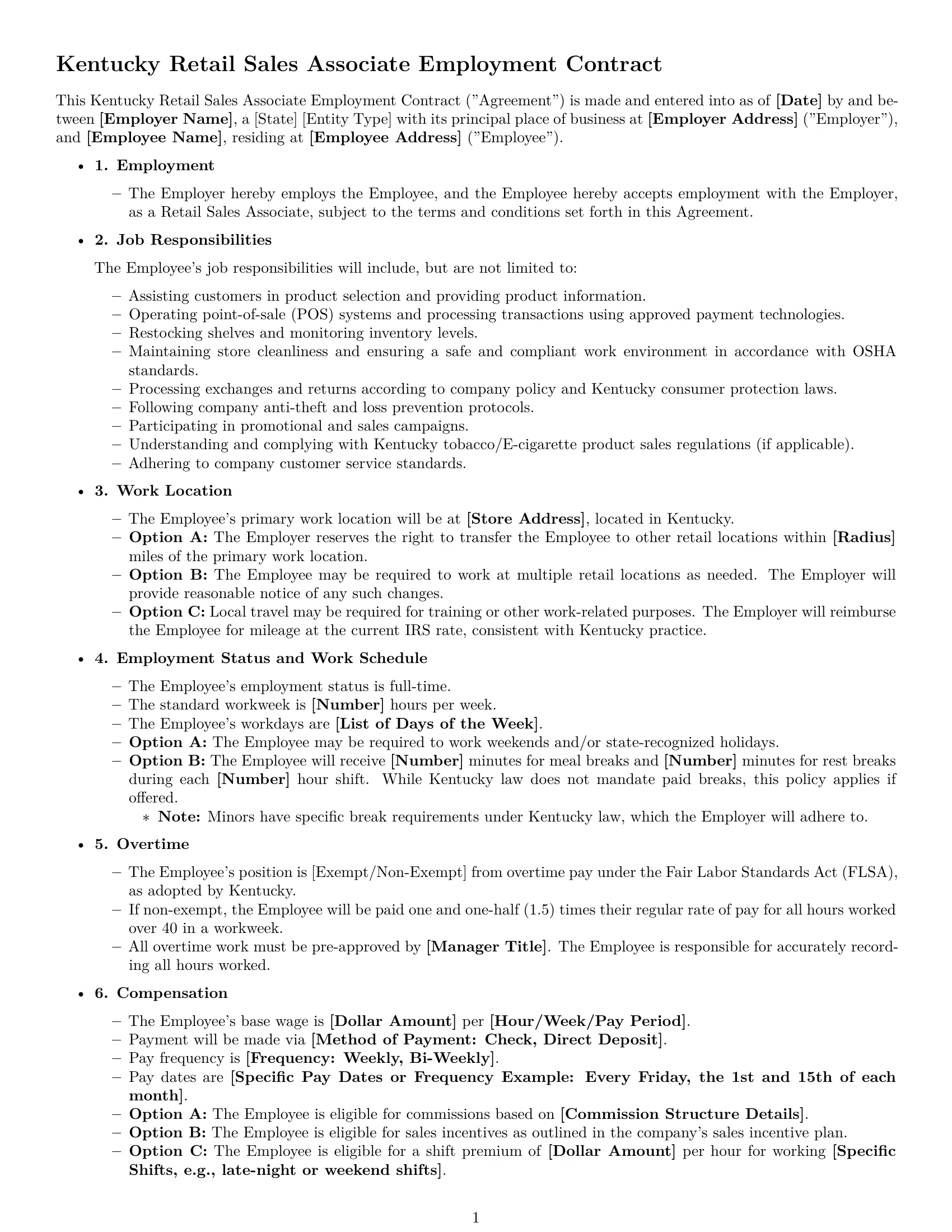 Preview page 1 of Free Kentucky retail sales associate employment contract template