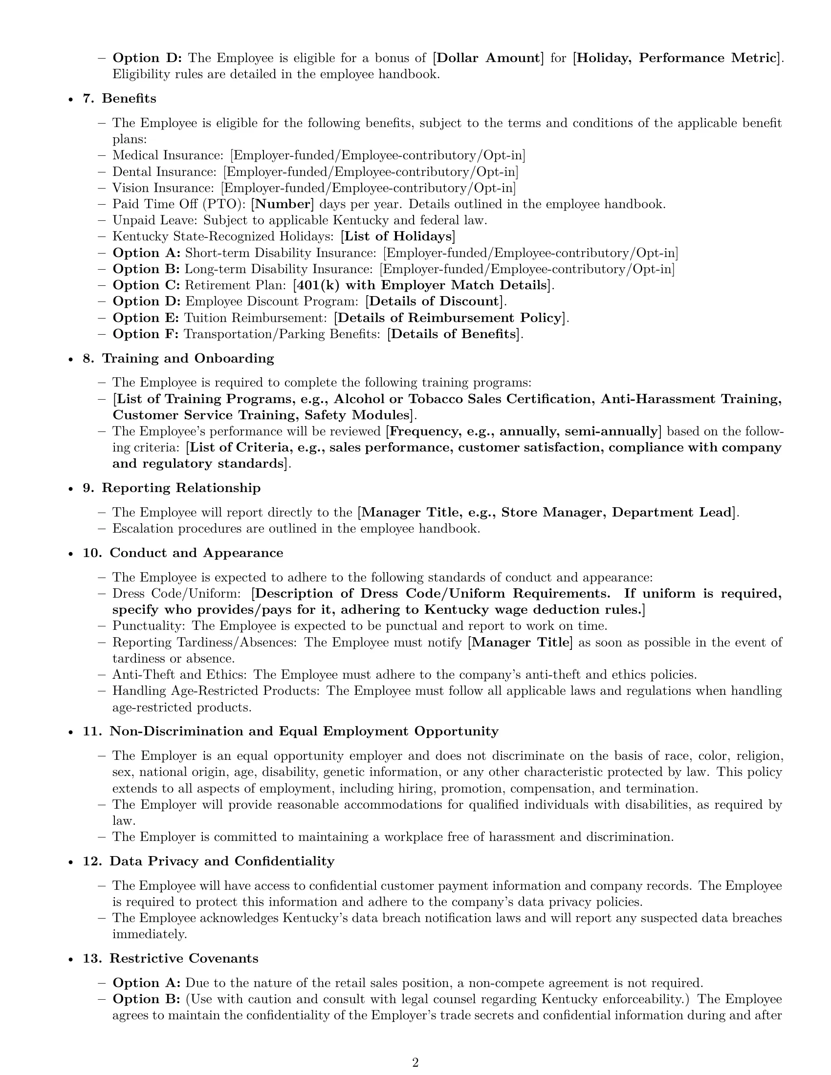 Preview page 2 of Free Kentucky retail sales associate employment contract template