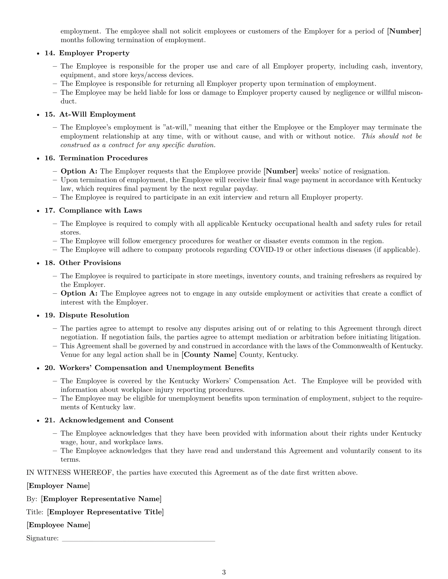 Preview page 3 of Free Kentucky retail sales associate employment contract template