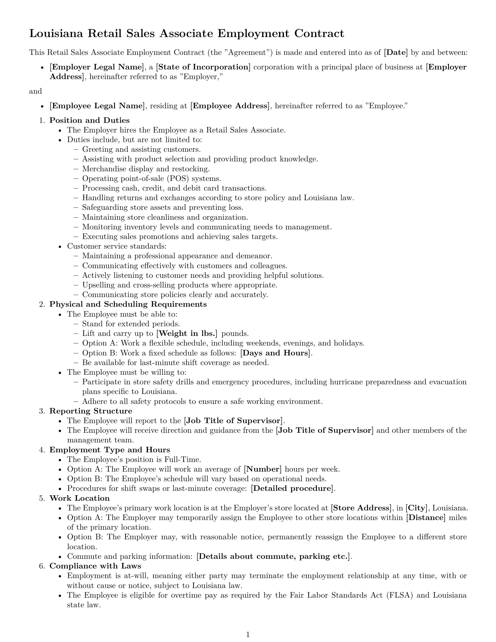 Preview page 1 of Free Louisiana retail sales associate employment contract template