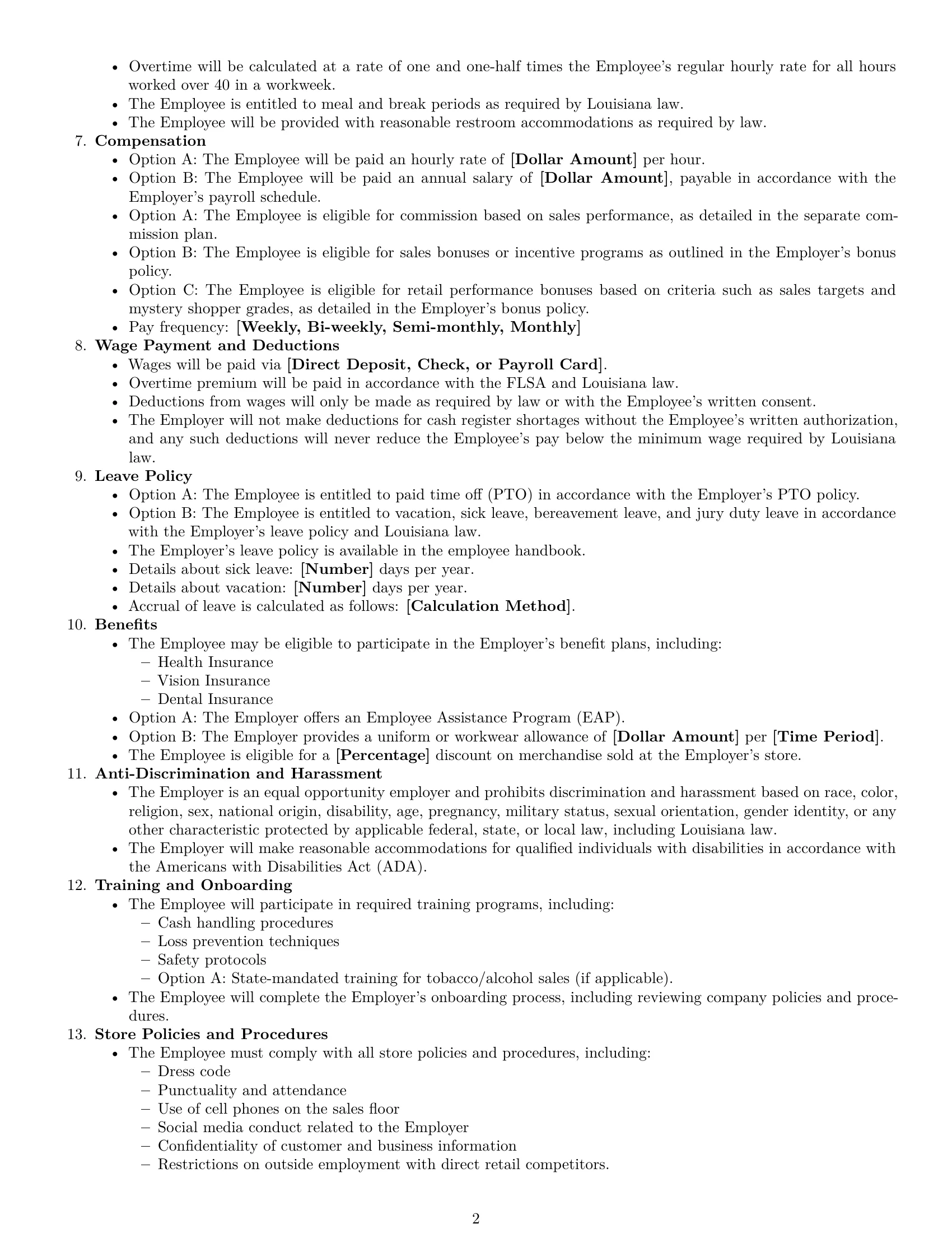 Preview page 2 of Free Louisiana retail sales associate employment contract template