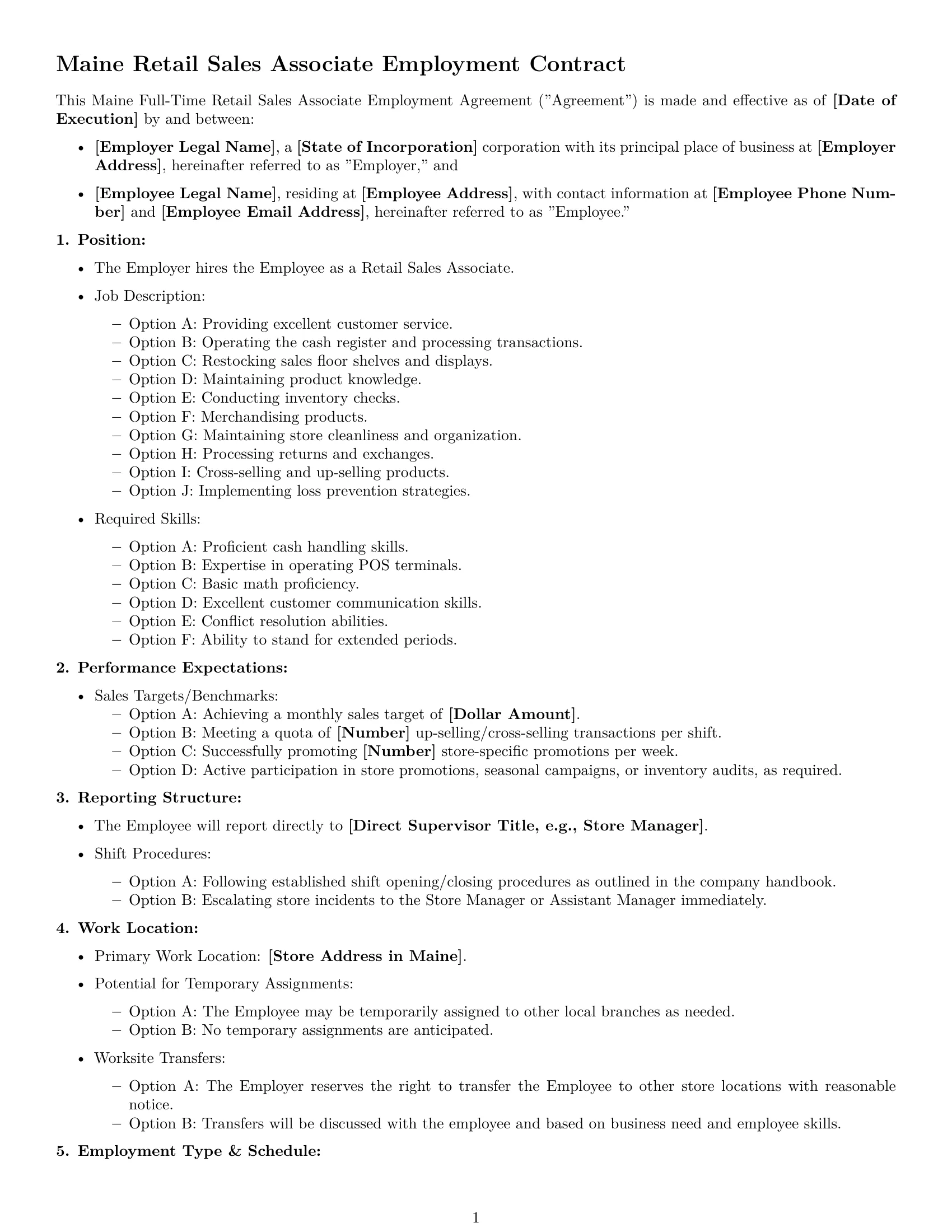 Preview page 1 of Free Maine retail sales associate employment contract template