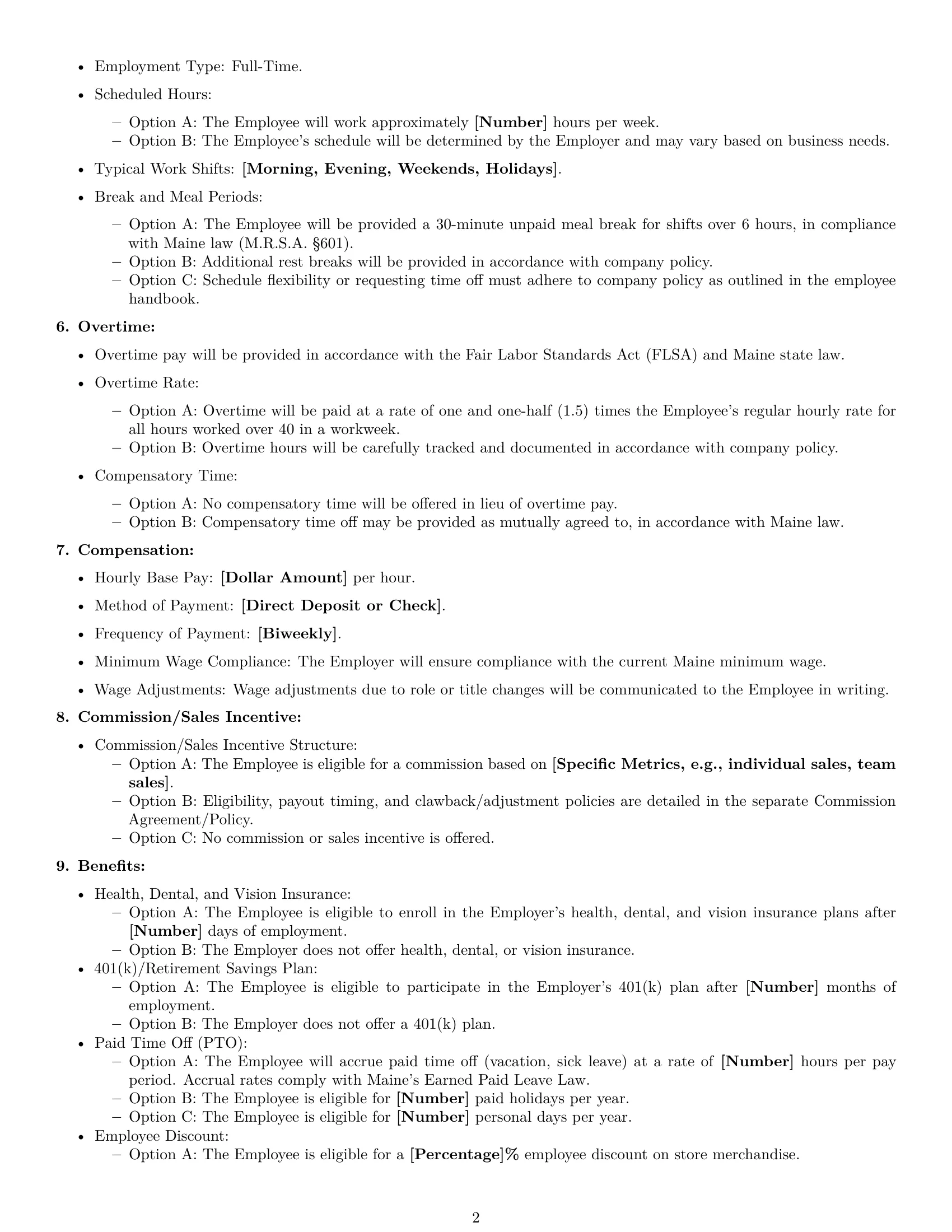 Preview page 2 of Free Maine retail sales associate employment contract template