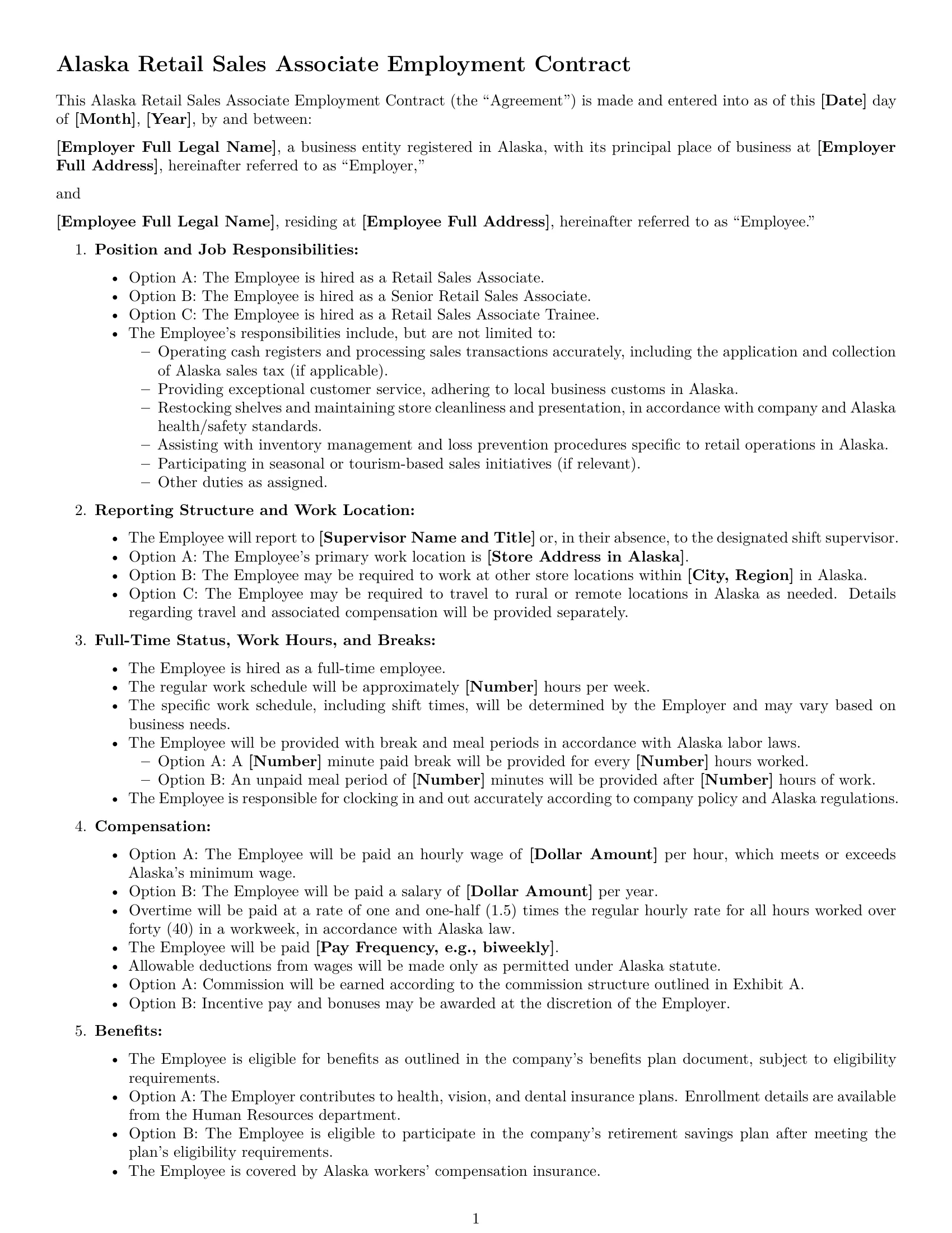 Preview page 1 of Free Alaska retail sales associate employment contract template