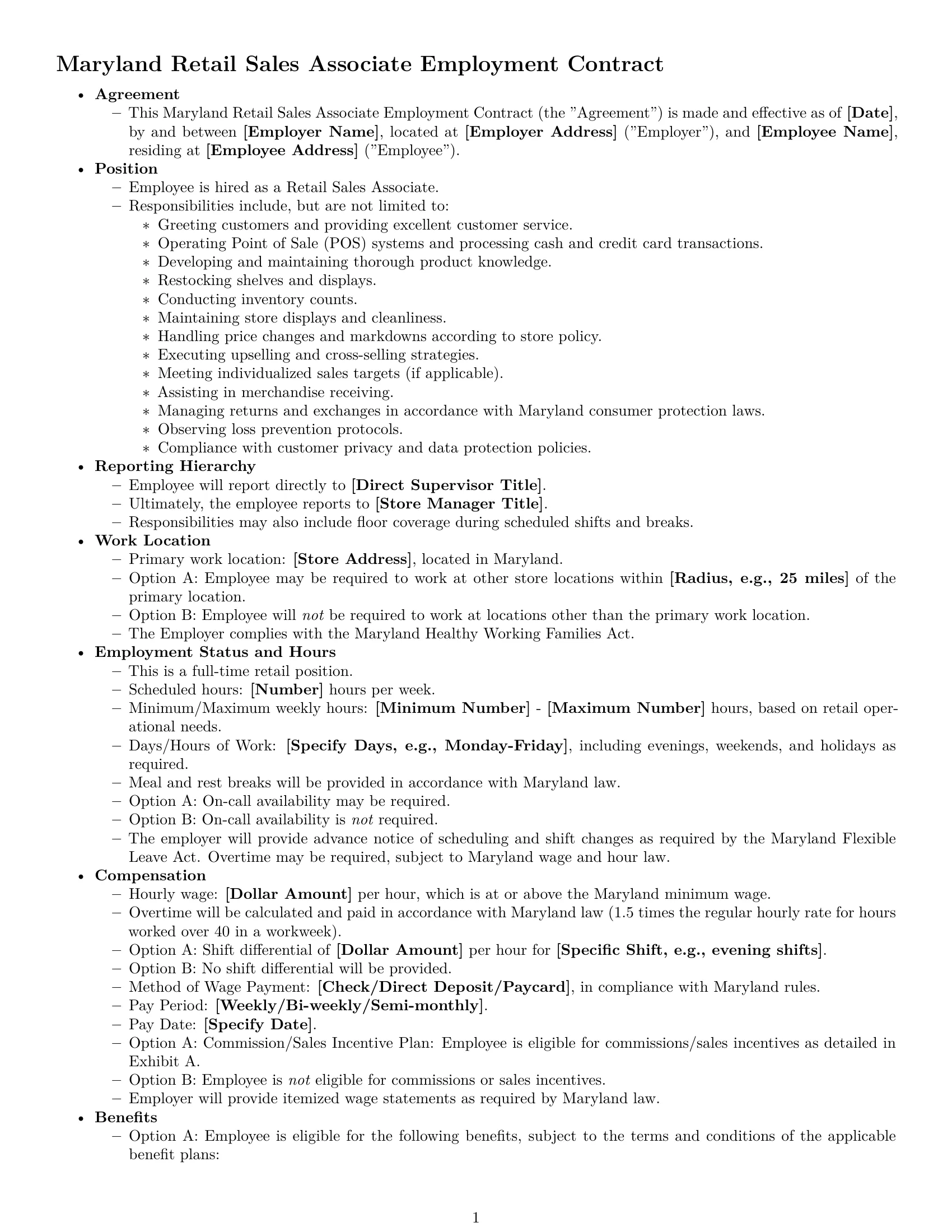 Preview page 1 of Free Maryland retail sales associate employment contract template
