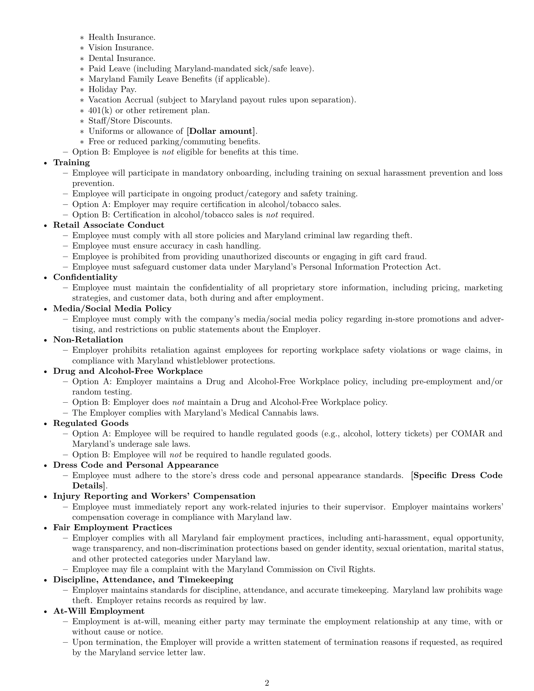 Preview page 2 of Free Maryland retail sales associate employment contract template