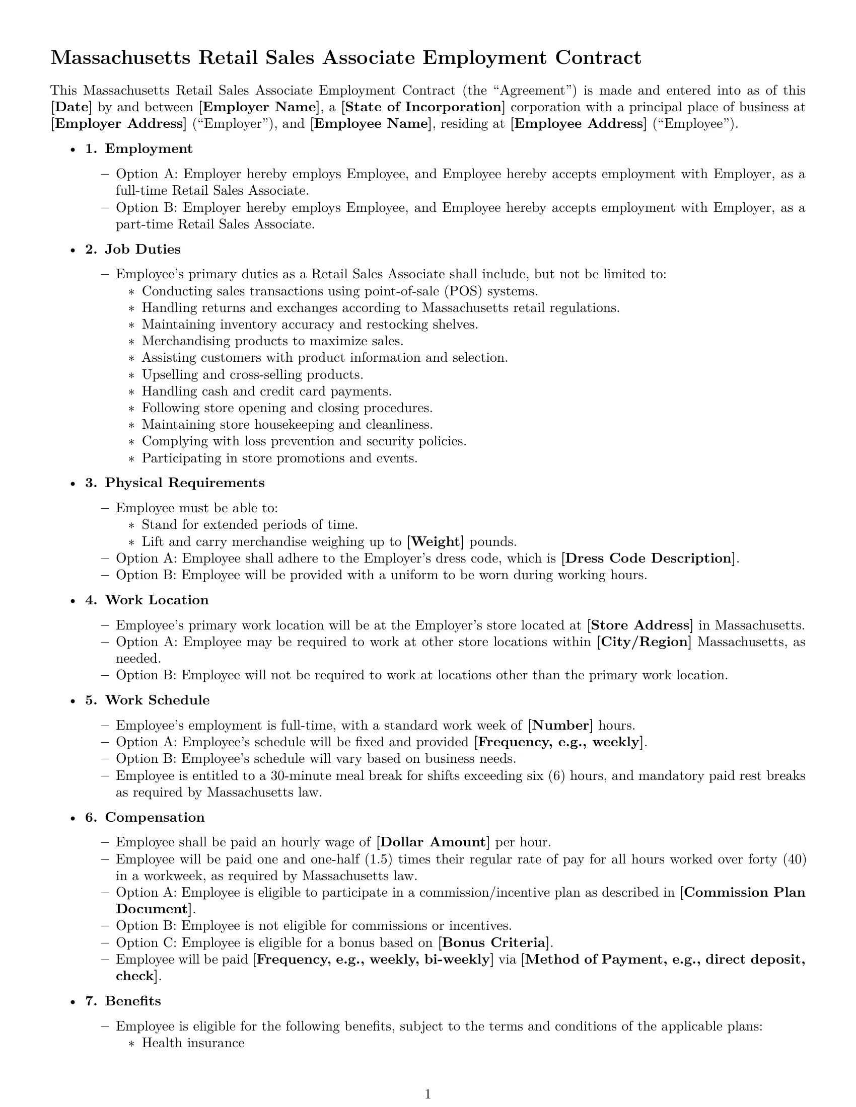 Preview page 1 of Free Massachusetts retail sales associate employment contract template