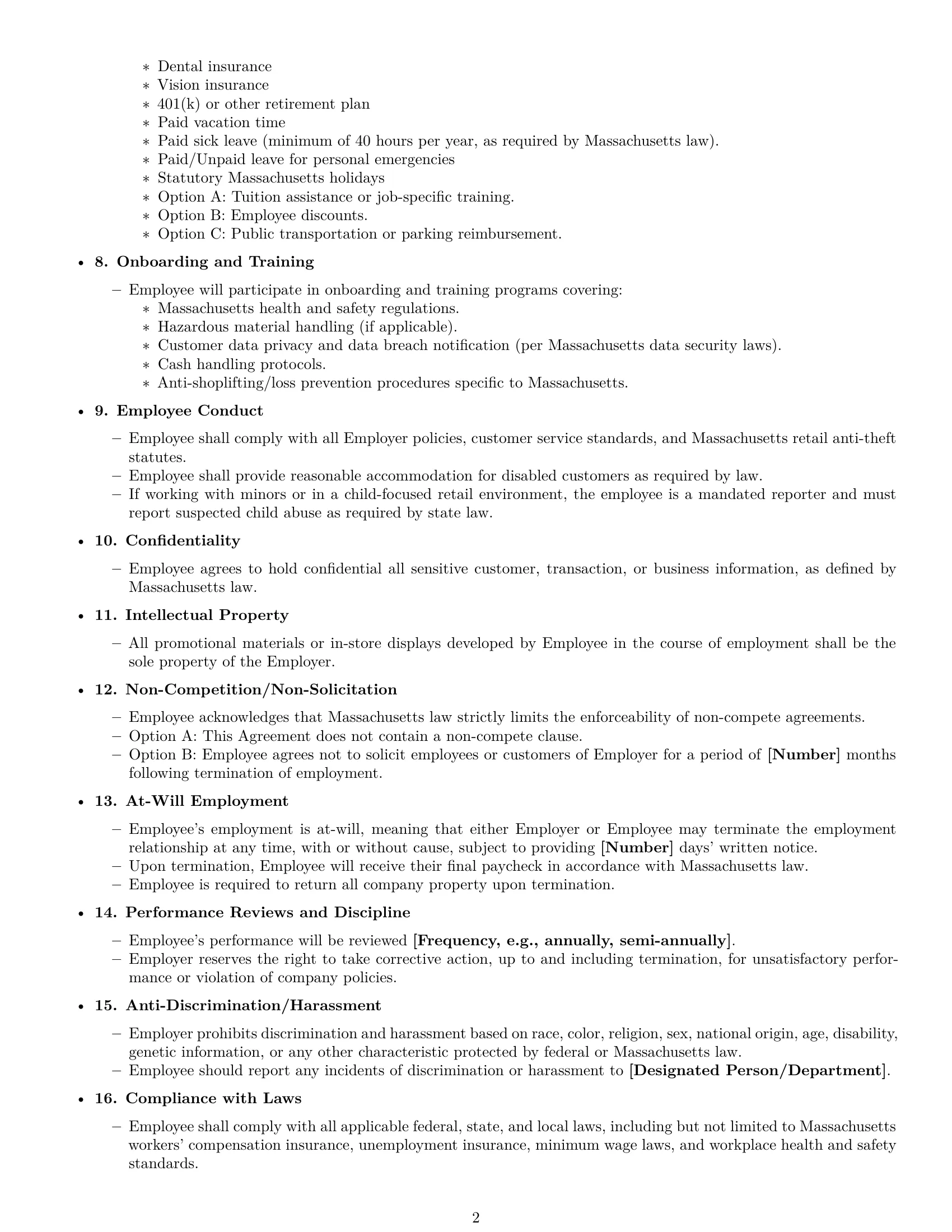 Preview page 2 of Free Massachusetts retail sales associate employment contract template