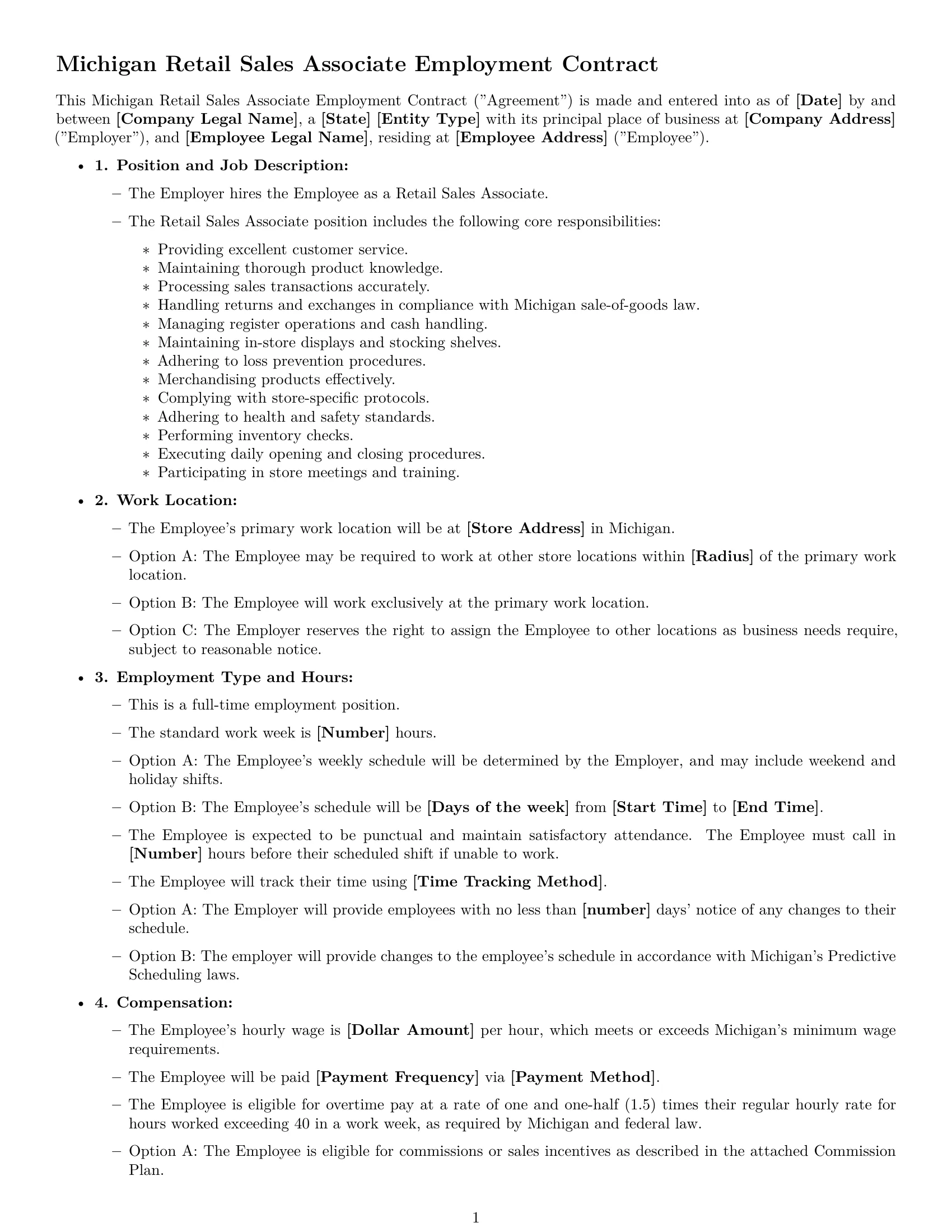 Preview page 1 of Free Michigan retail sales associate employment contract template