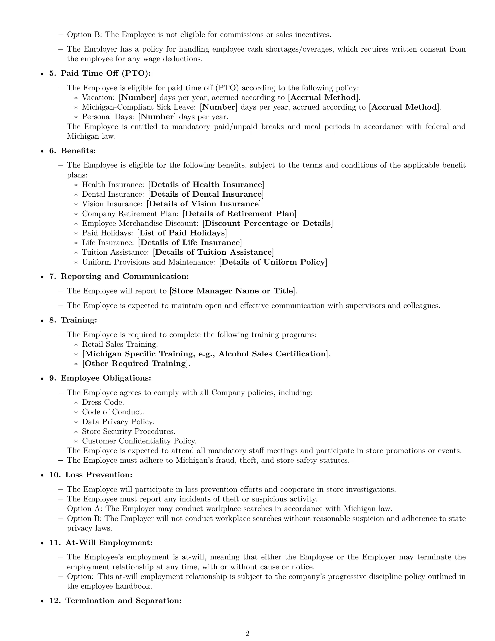 Preview page 2 of Free Michigan retail sales associate employment contract template