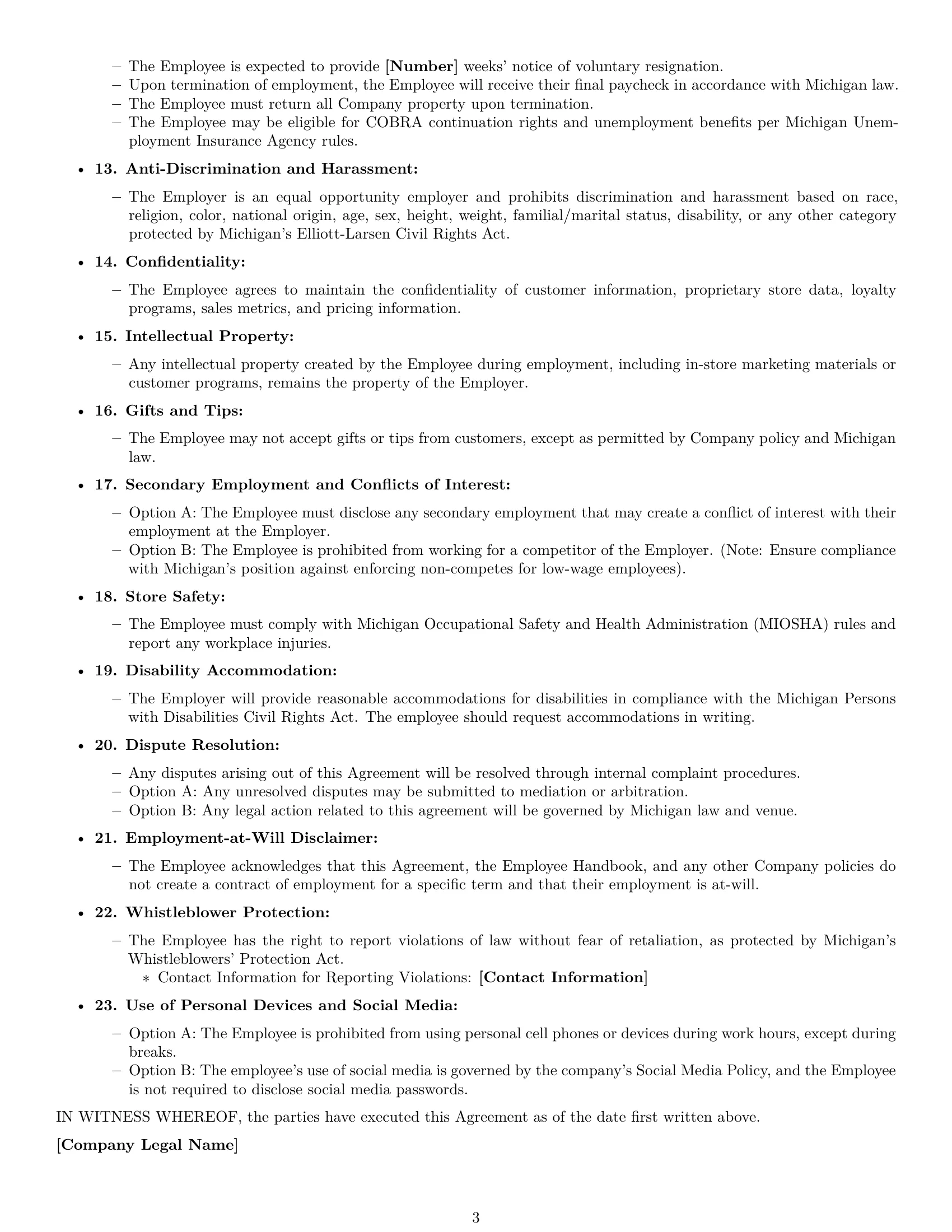 Preview page 3 of Free Michigan retail sales associate employment contract template