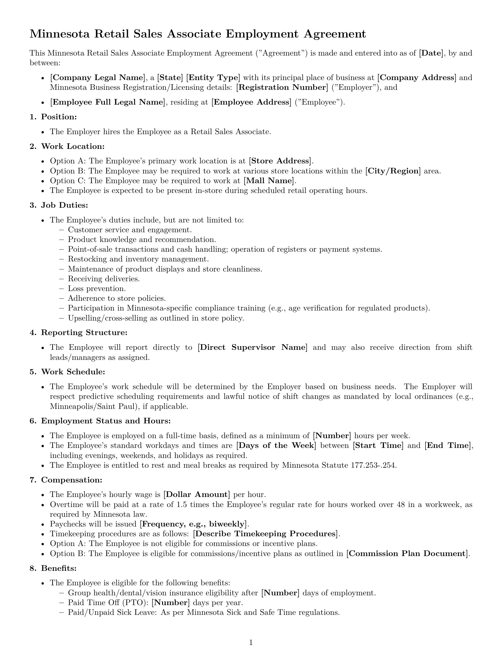 Preview page 1 of Free Minnesota retail sales associate employment contract template