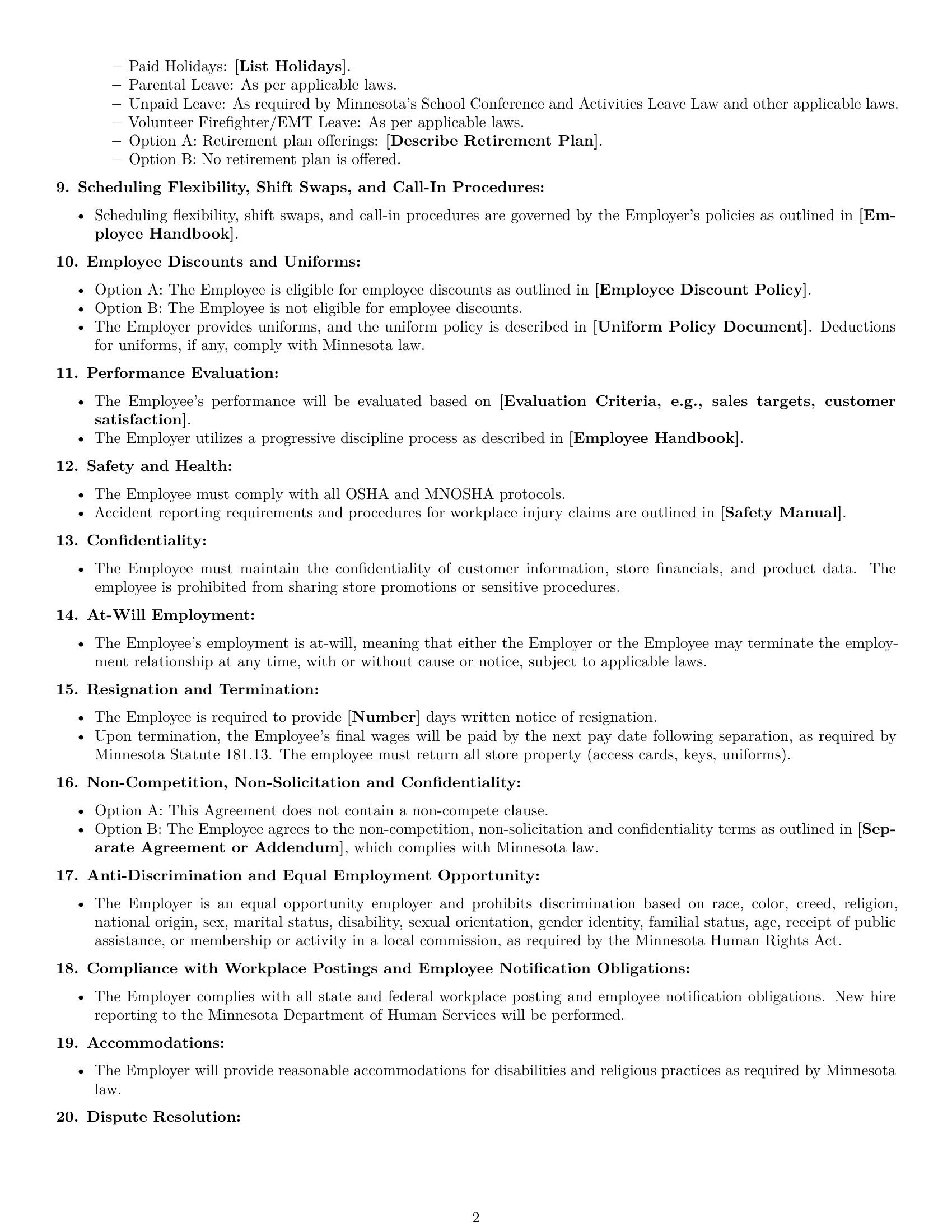Preview page 2 of Free Minnesota retail sales associate employment contract template
