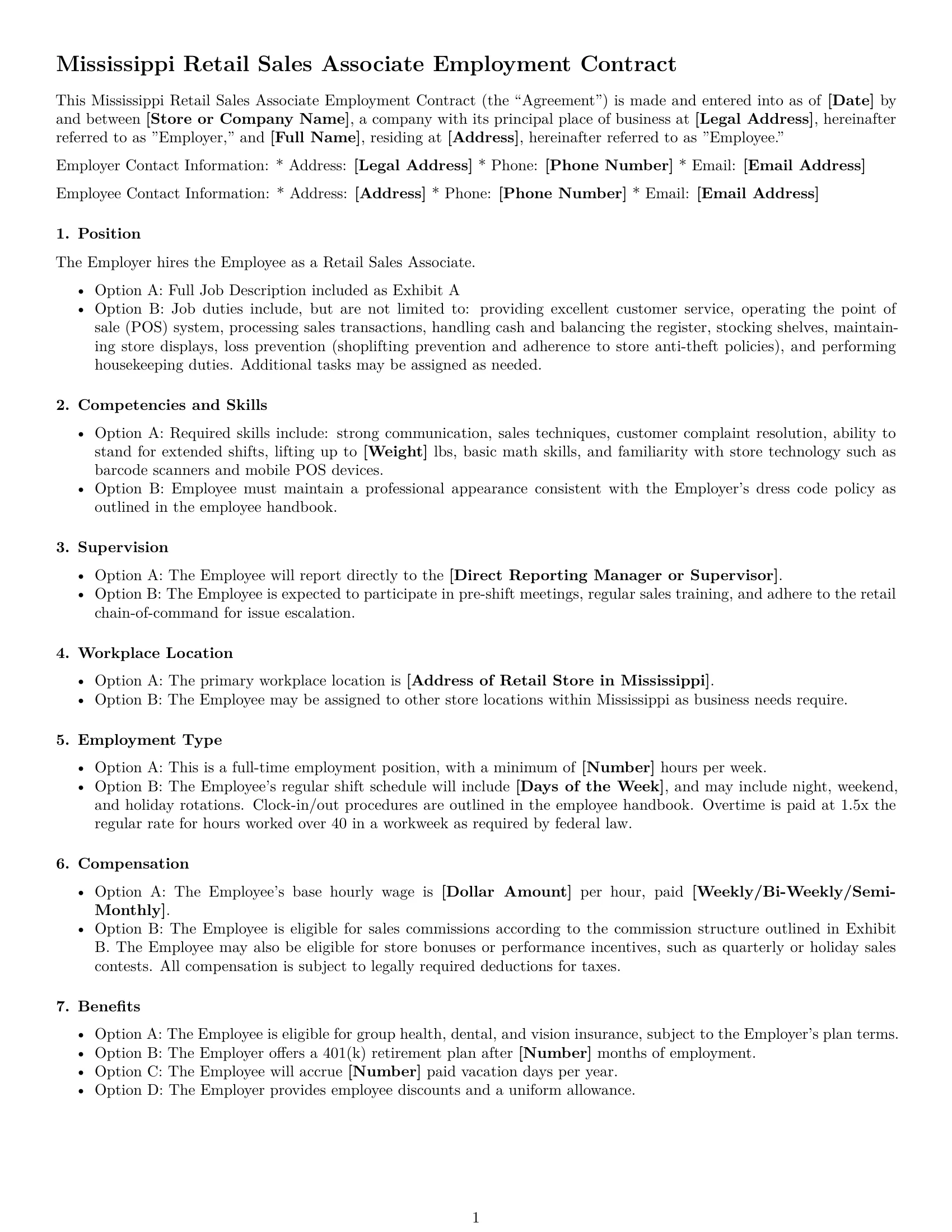 Preview page 1 of Free Mississippi retail sales associate employment contract template