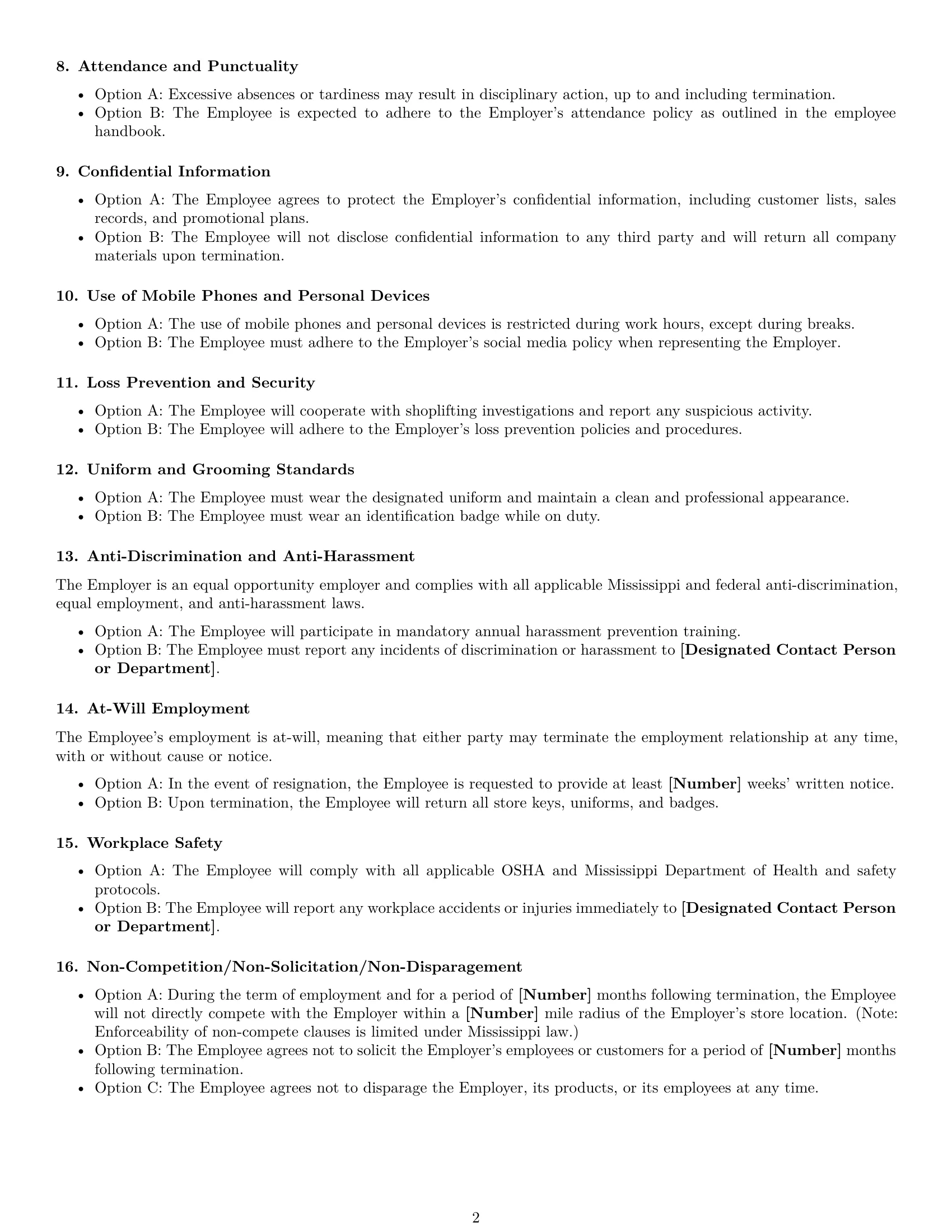 Preview page 2 of Free Mississippi retail sales associate employment contract template