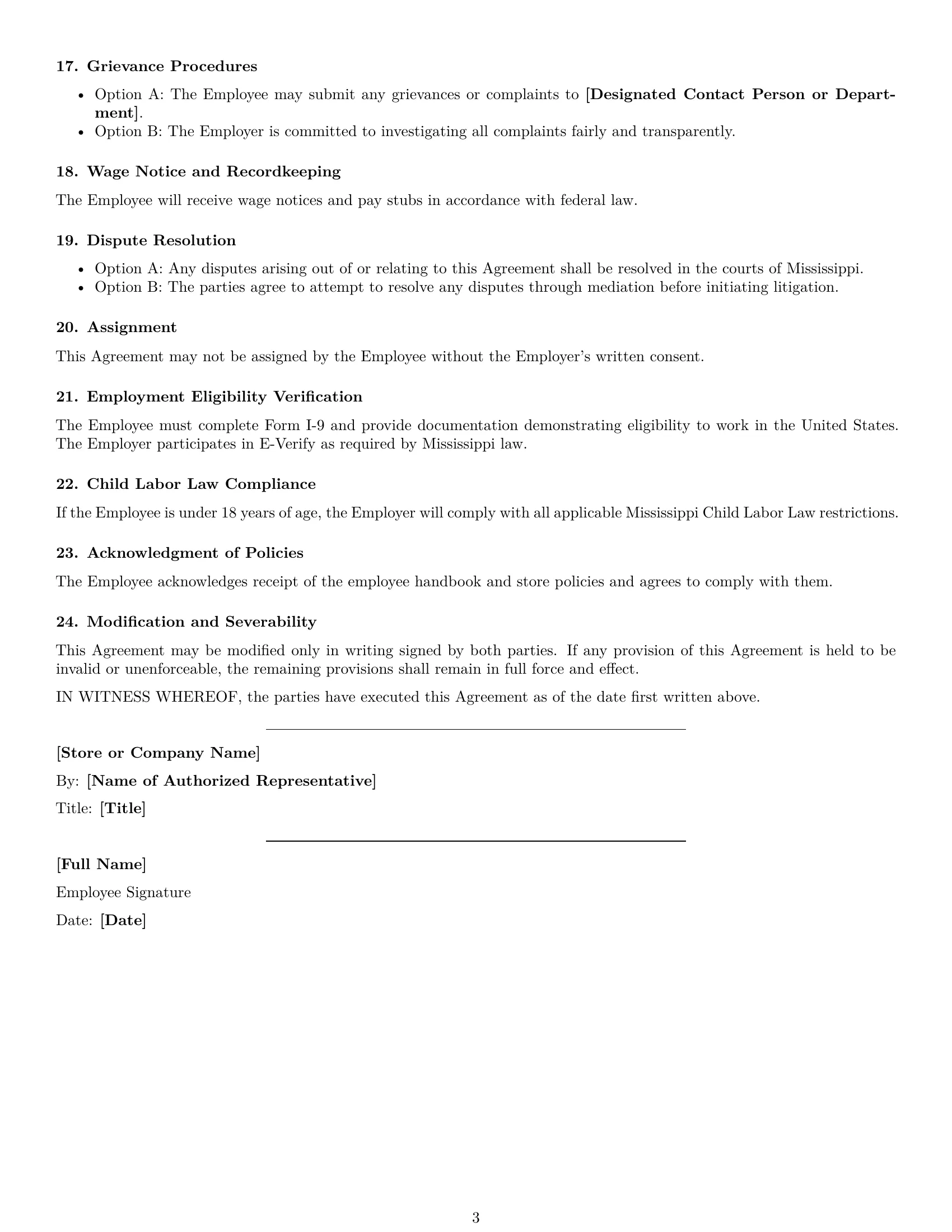 Preview page 3 of Free Mississippi retail sales associate employment contract template