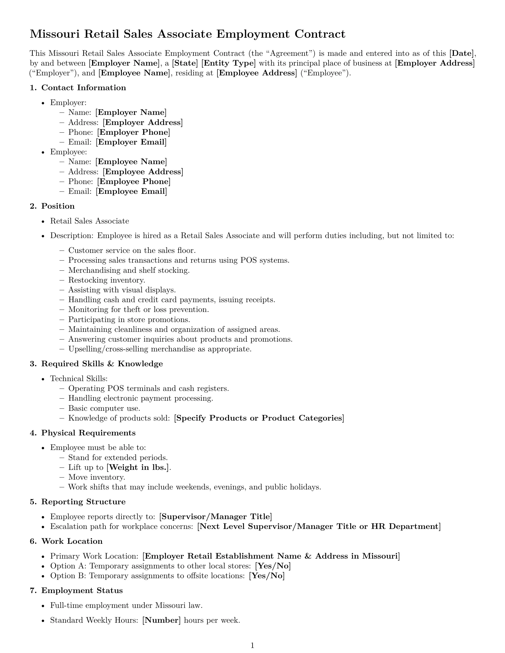 Preview page 1 of Free Missouri retail sales associate employment contract template