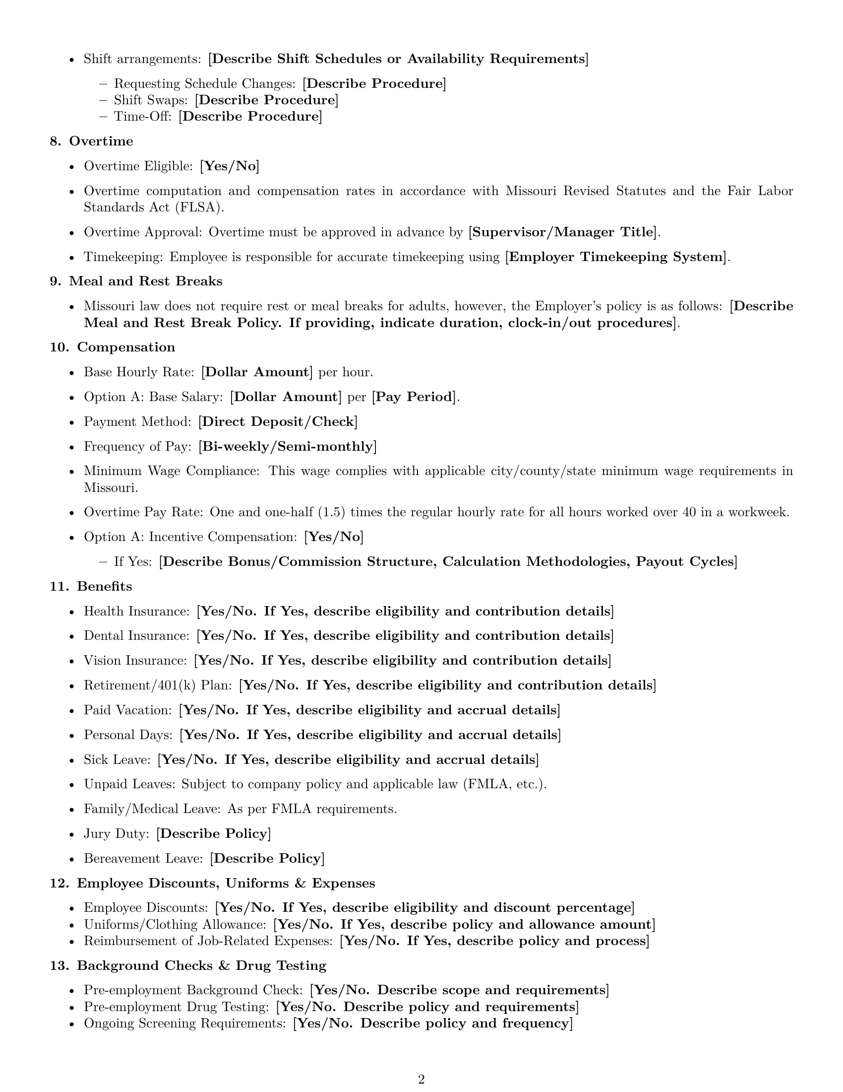 Preview page 2 of Free Missouri retail sales associate employment contract template