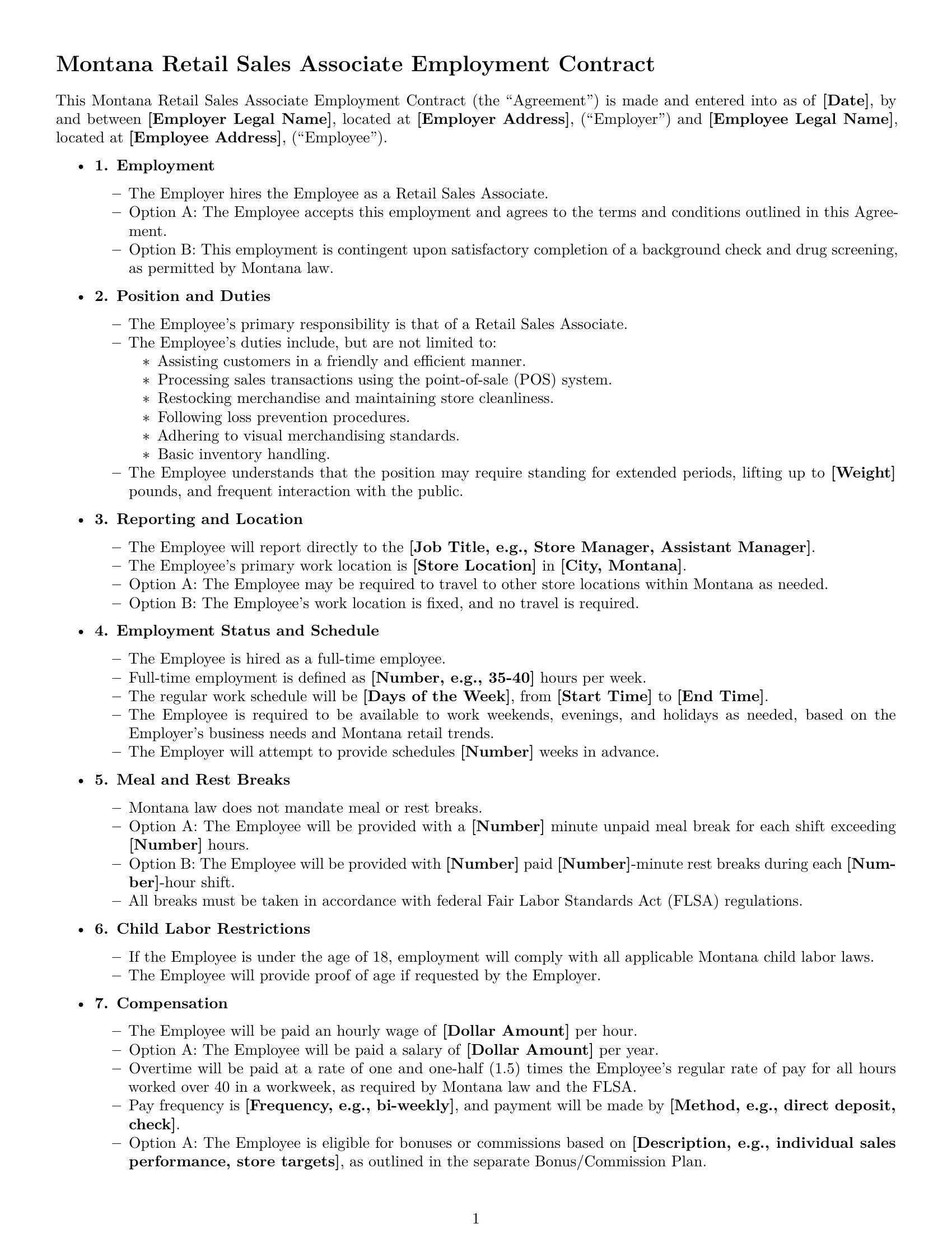 Preview page 1 of Free Montana retail sales associate employment contract template
