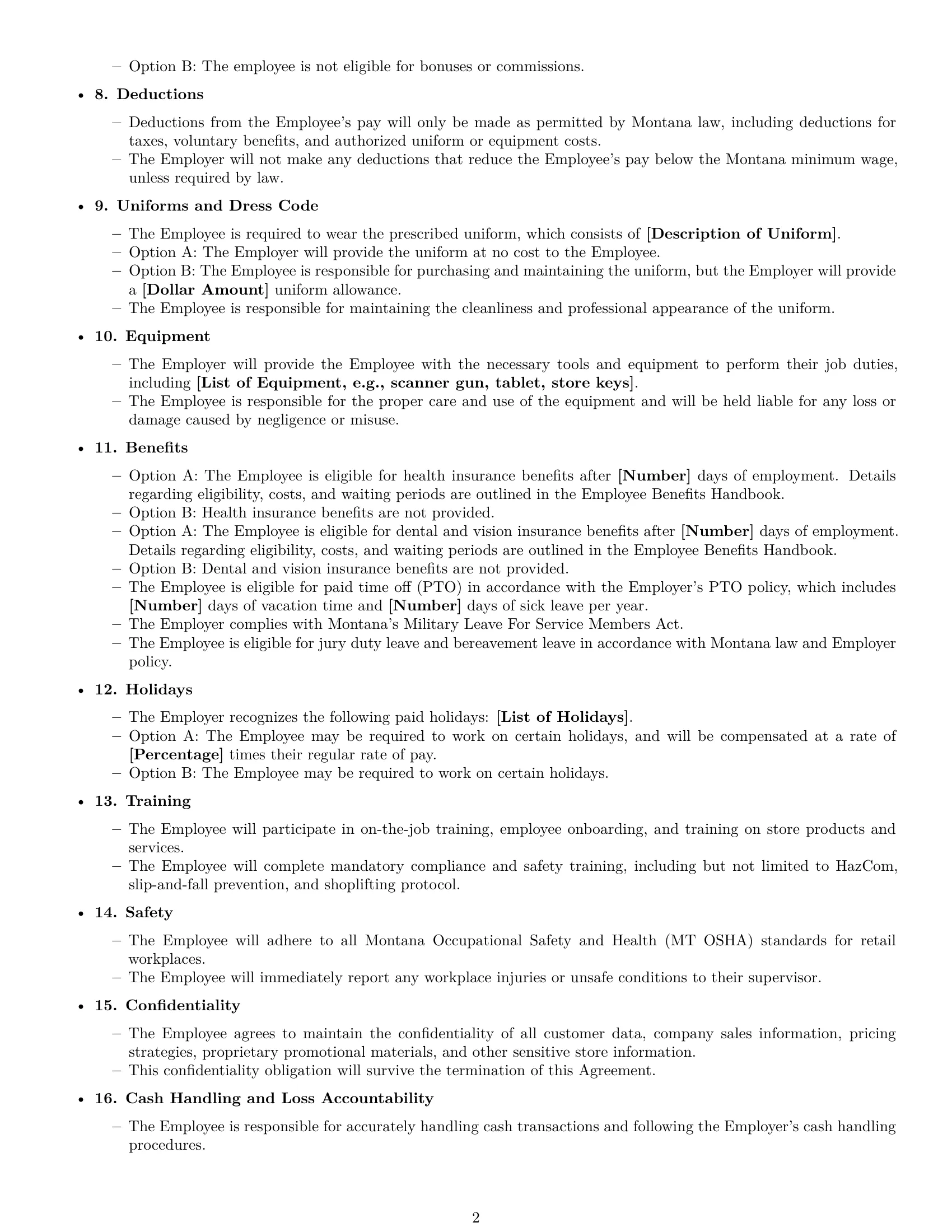 Preview page 2 of Free Montana retail sales associate employment contract template