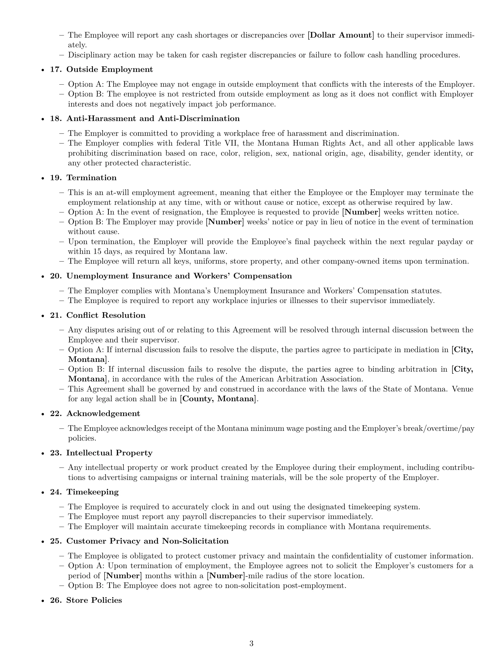 Preview page 3 of Free Montana retail sales associate employment contract template