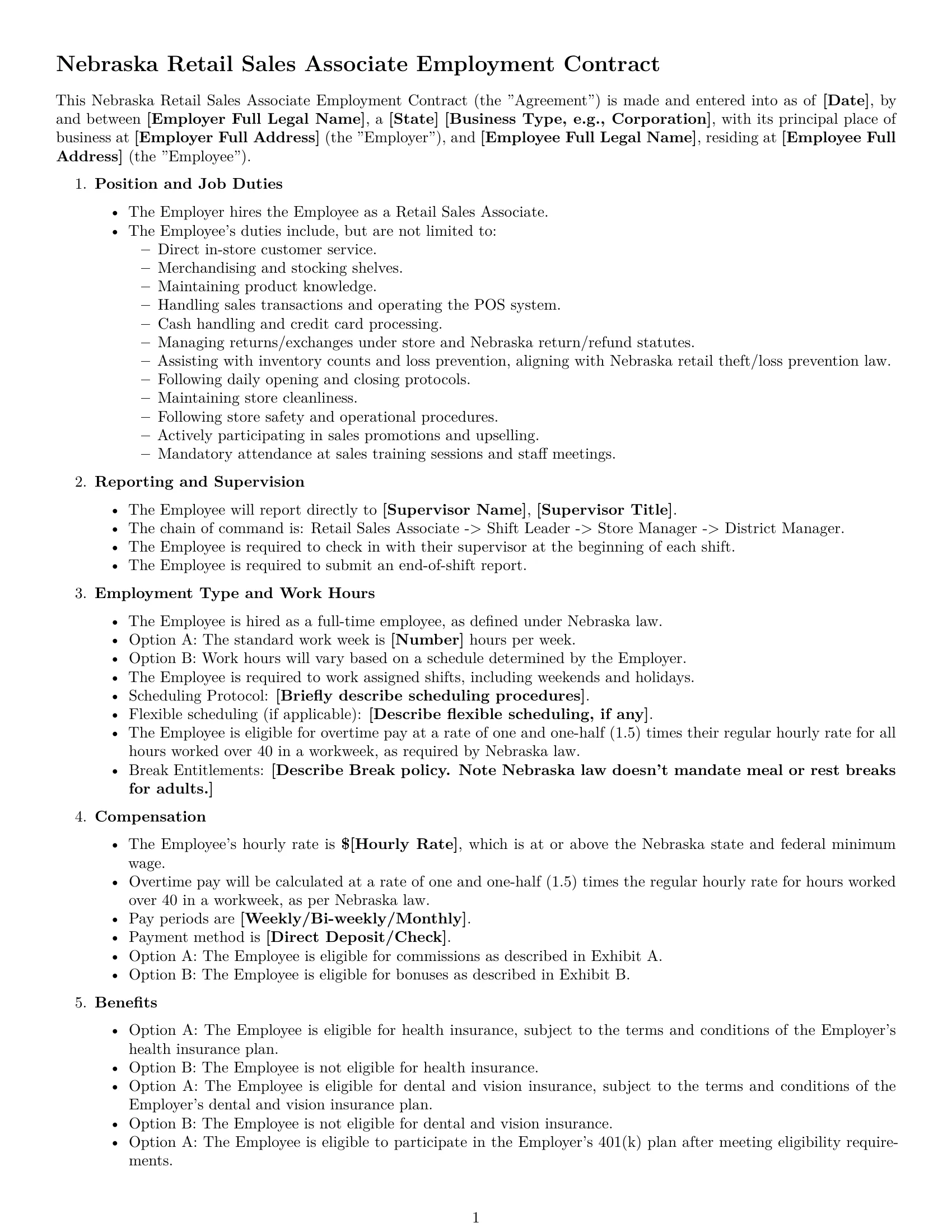 Preview page 1 of Free Nebraska retail sales associate employment contract template