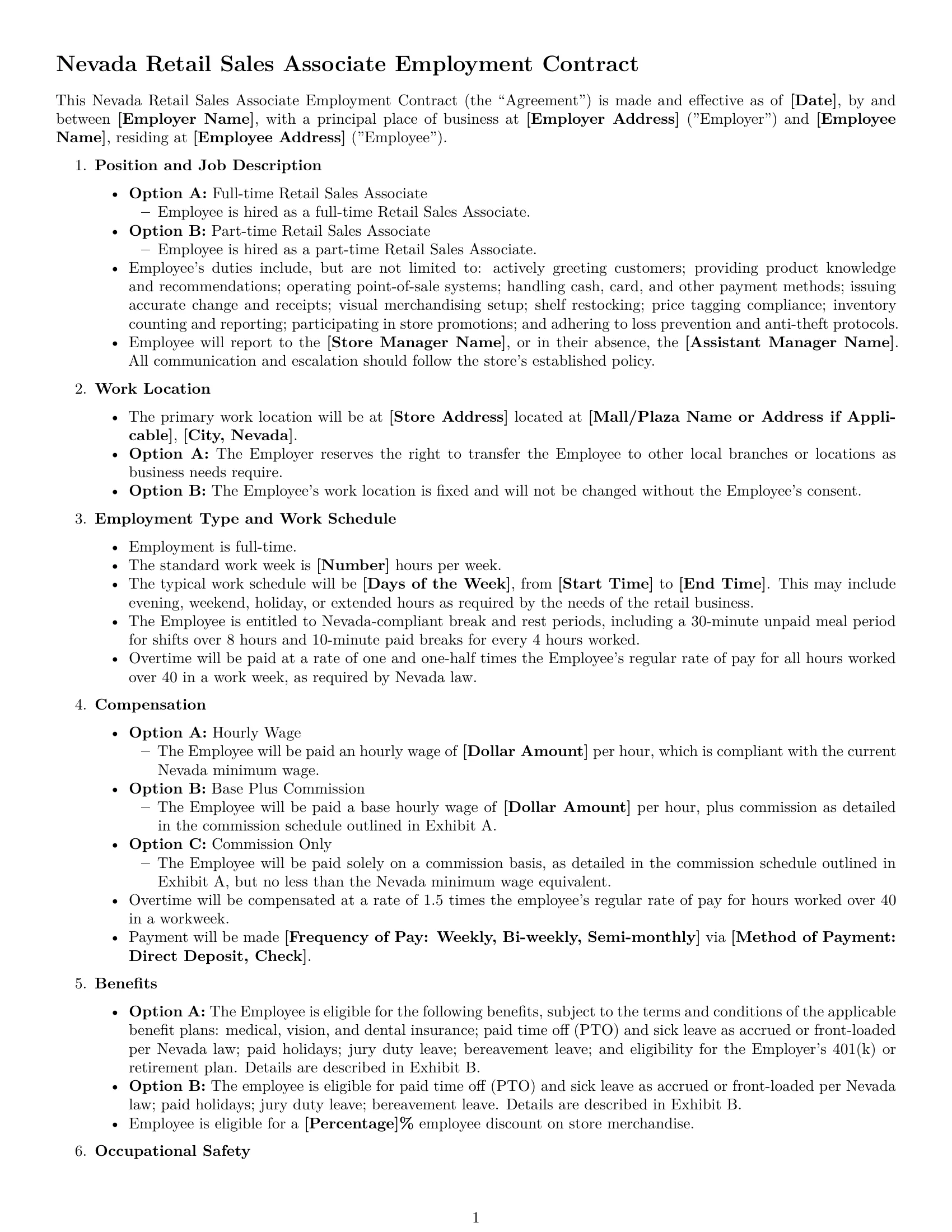 Preview page 1 of Free Nevada retail sales associate employment contract template
