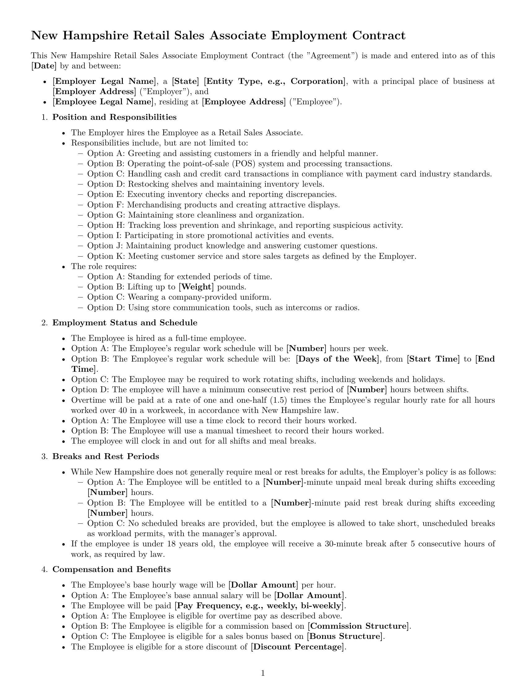 Preview page 1 of Free New Hampshire retail sales associate employment contract template