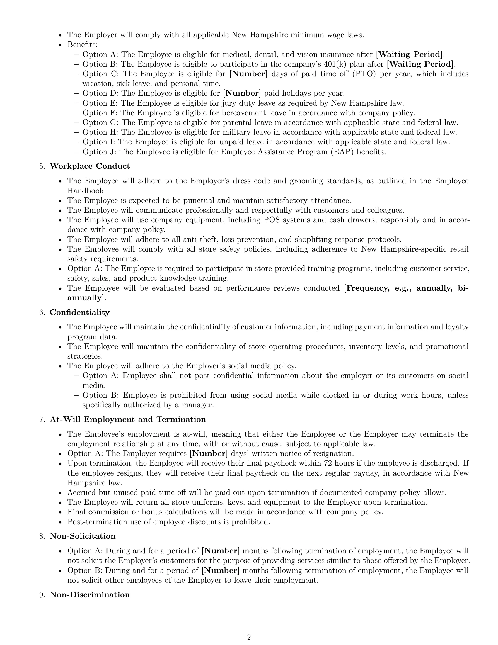 Preview page 2 of Free New Hampshire retail sales associate employment contract template