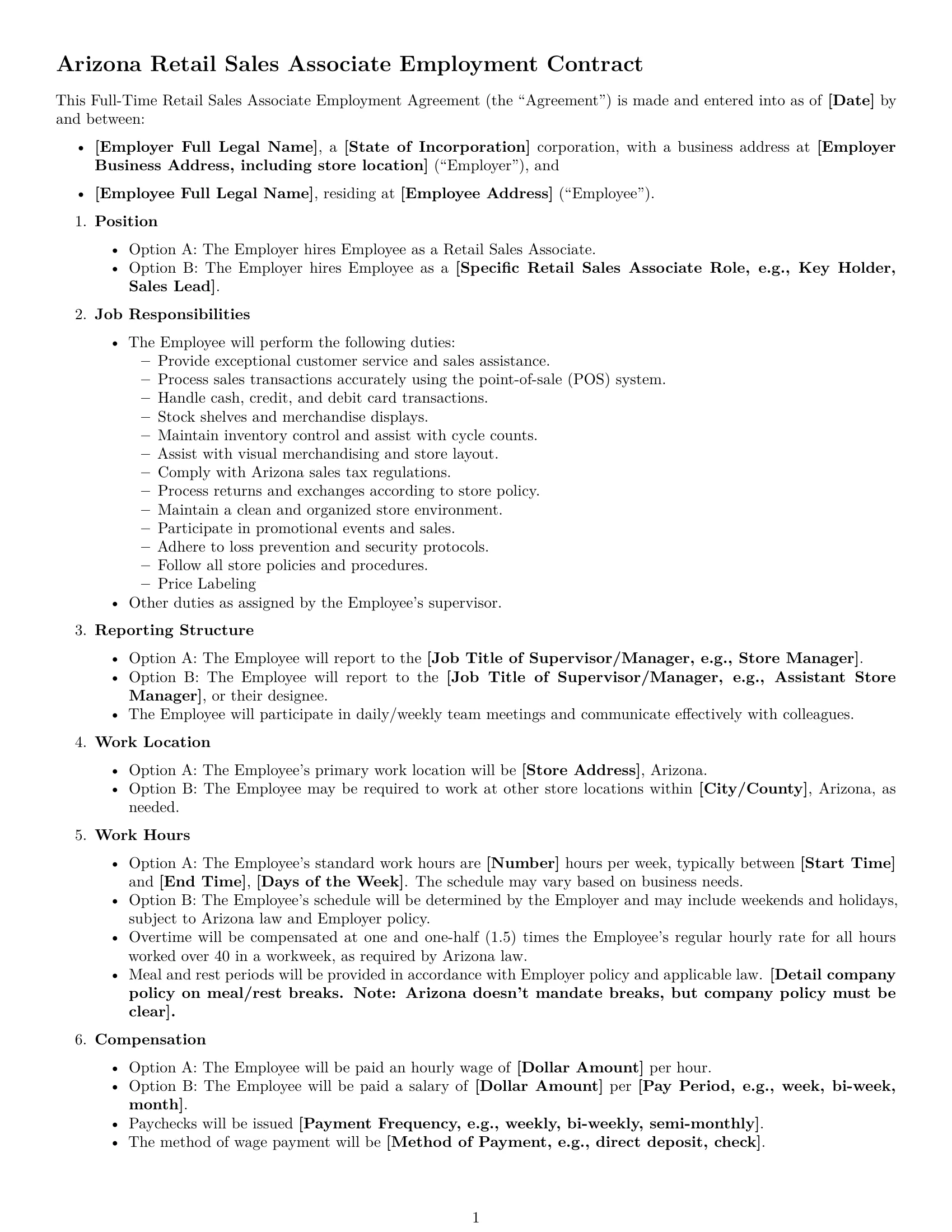 Preview page 1 of Free Arizona retail sales associate employment contract template