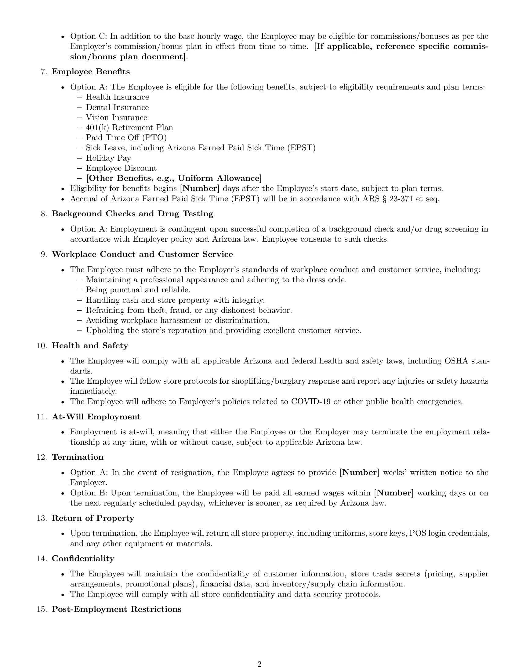 Preview page 2 of Free Arizona retail sales associate employment contract template
