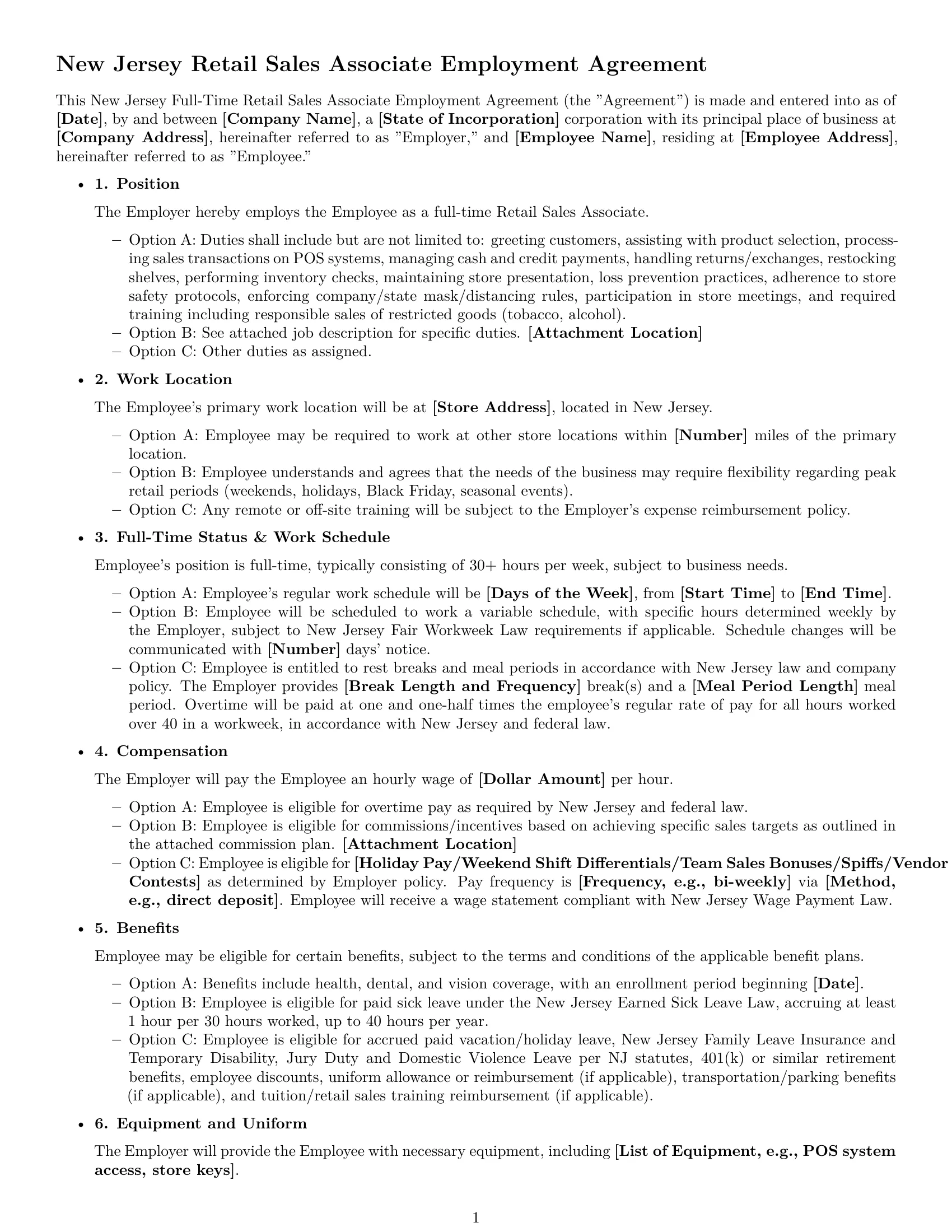 Preview page 1 of Free New Jersey retail sales associate employment contract template
