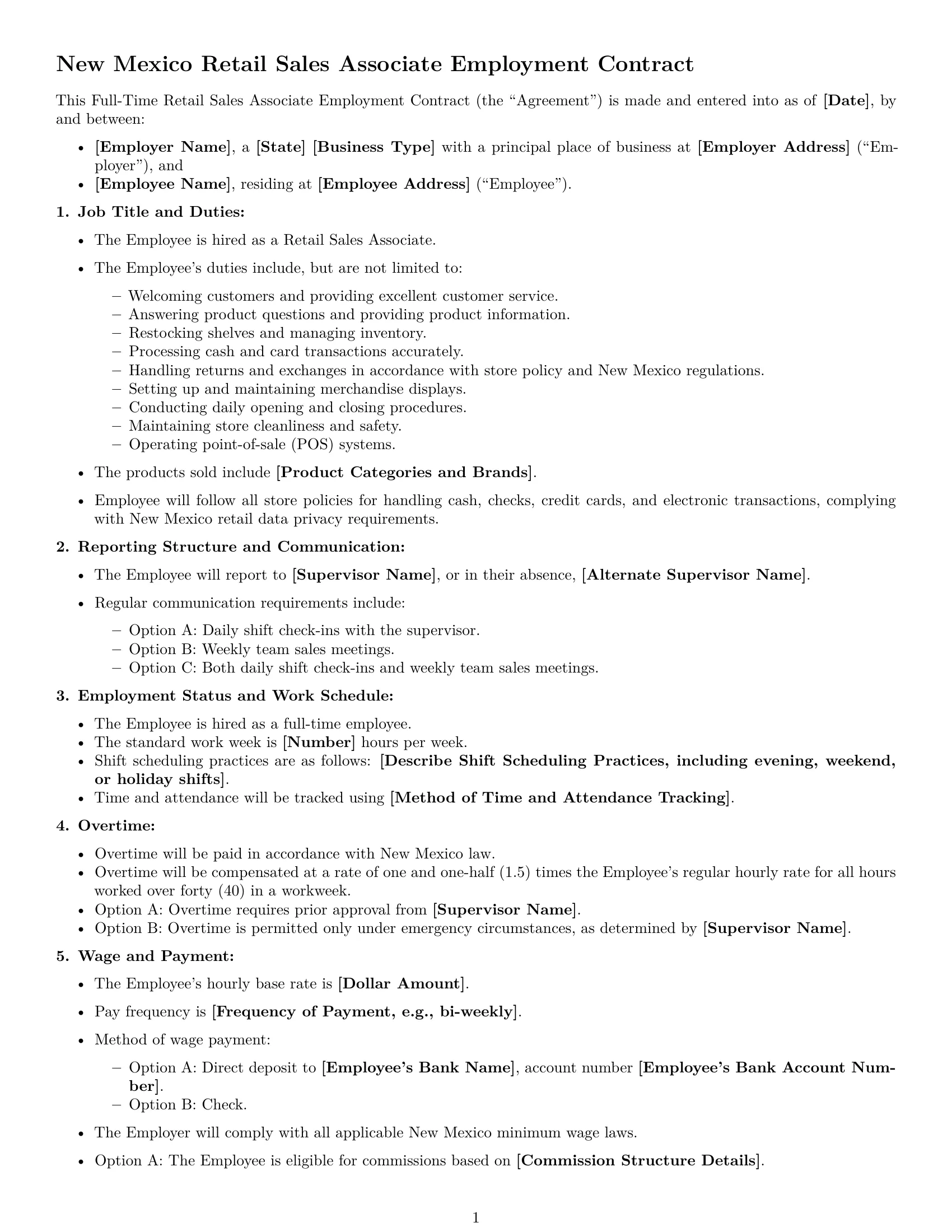 Preview page 1 of Free New Mexico retail sales associate employment contract template