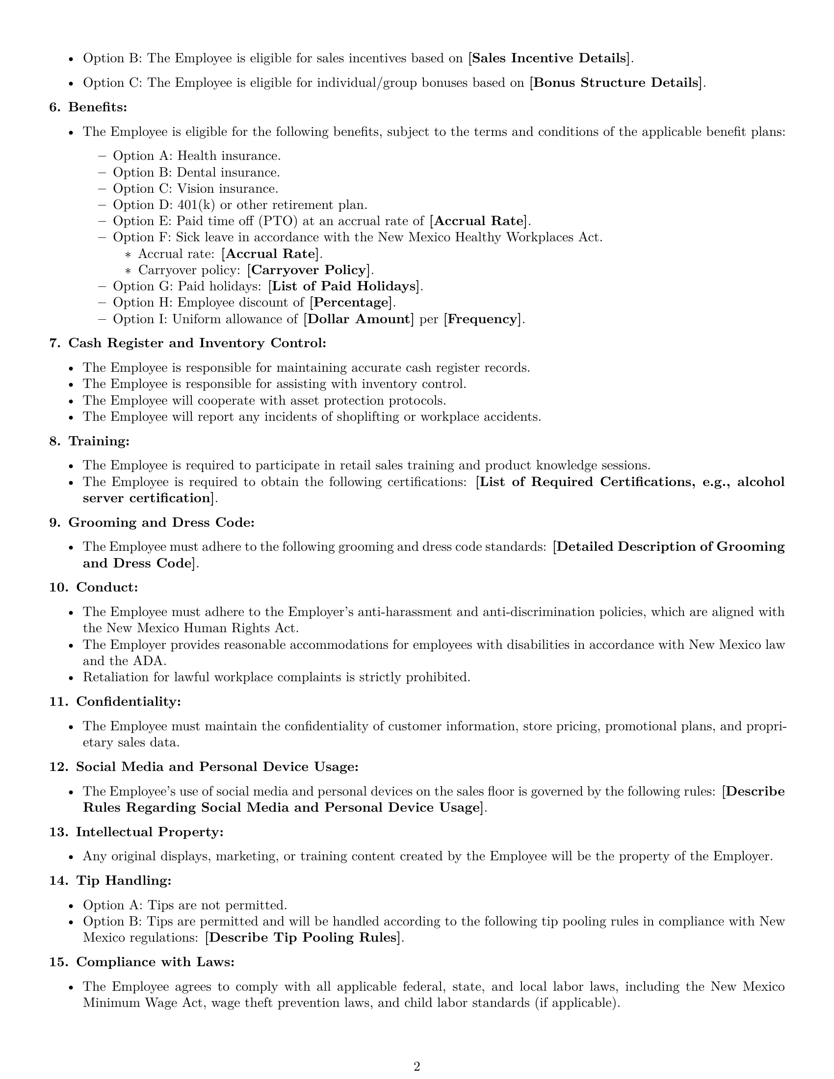 Preview page 2 of Free New Mexico retail sales associate employment contract template