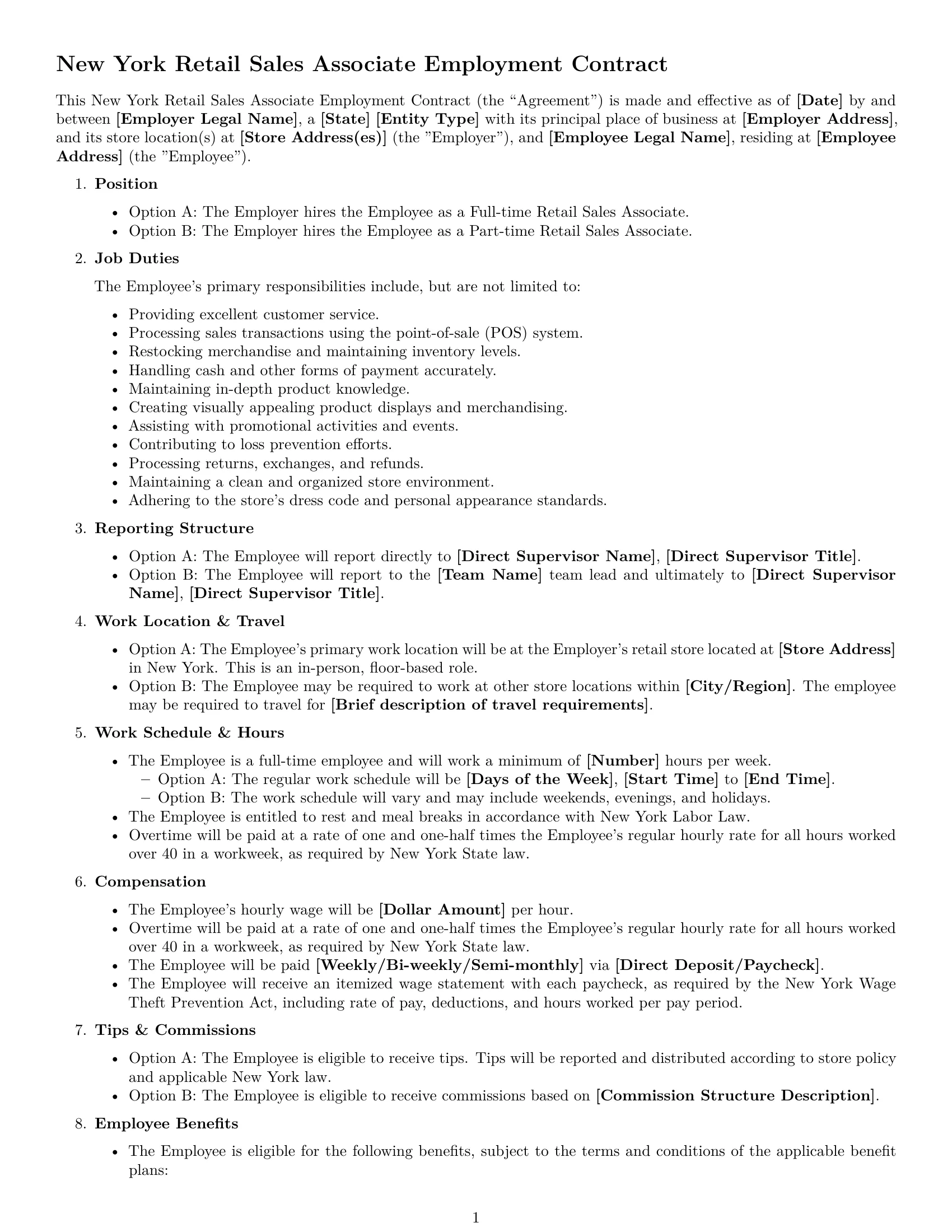 Preview page 1 of Free New York retail sales associate employment contract template