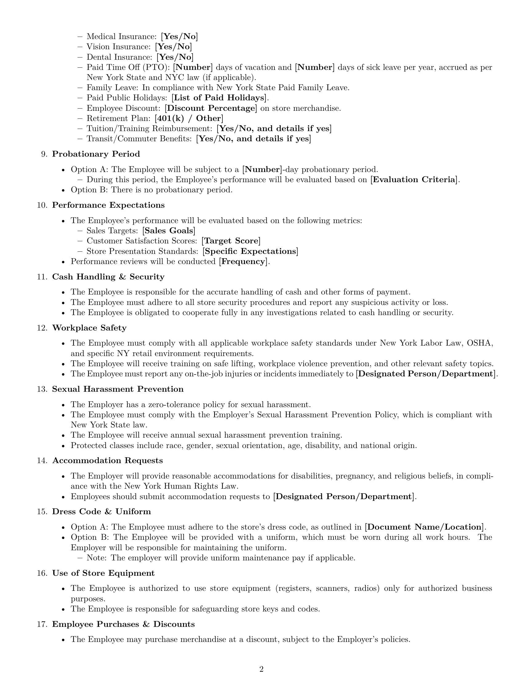 Preview page 2 of Free New York retail sales associate employment contract template
