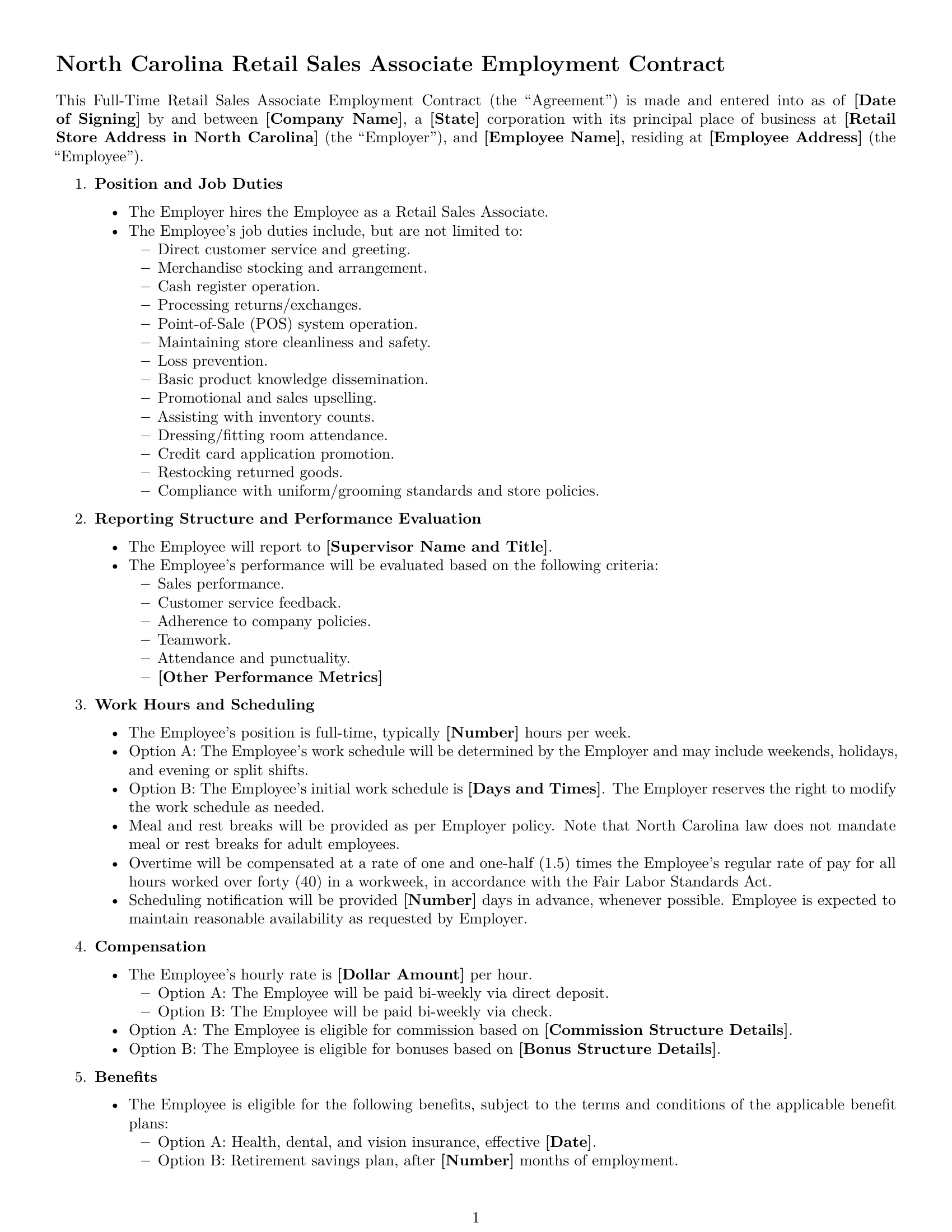 Preview page 1 of Free North Carolina retail sales associate employment contract template