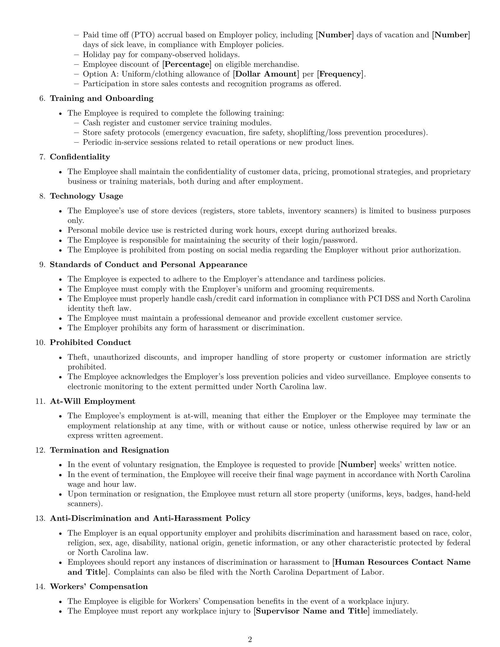 Preview page 2 of Free North Carolina retail sales associate employment contract template