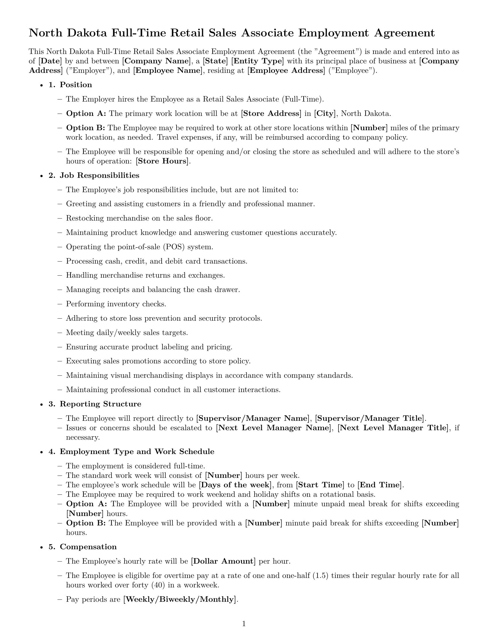 Preview page 1 of Free North Dakota retail sales associate employment contract template