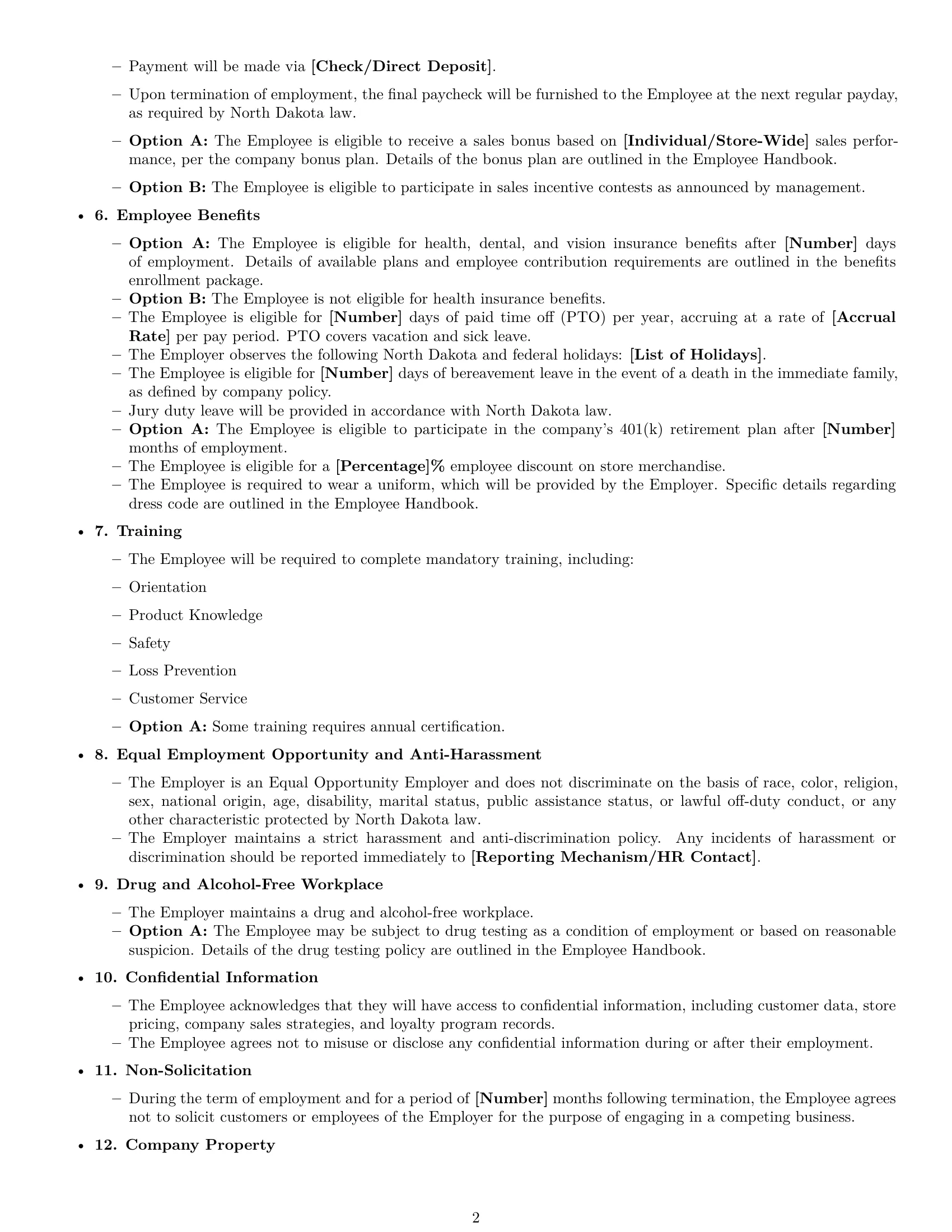 Preview page 2 of Free North Dakota retail sales associate employment contract template