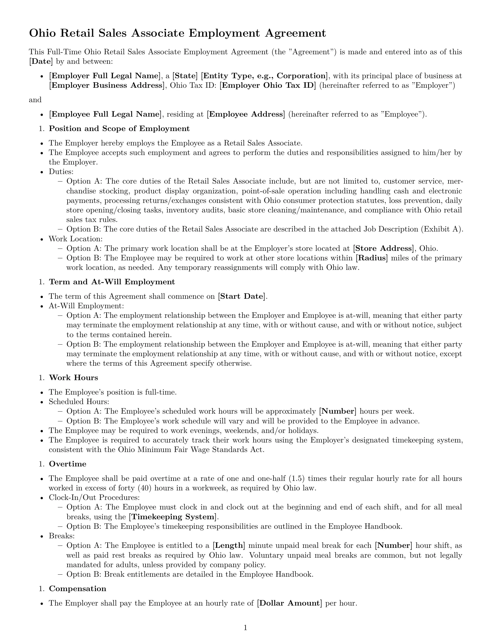 Preview page 1 of Free Ohio retail sales associate employment contract template