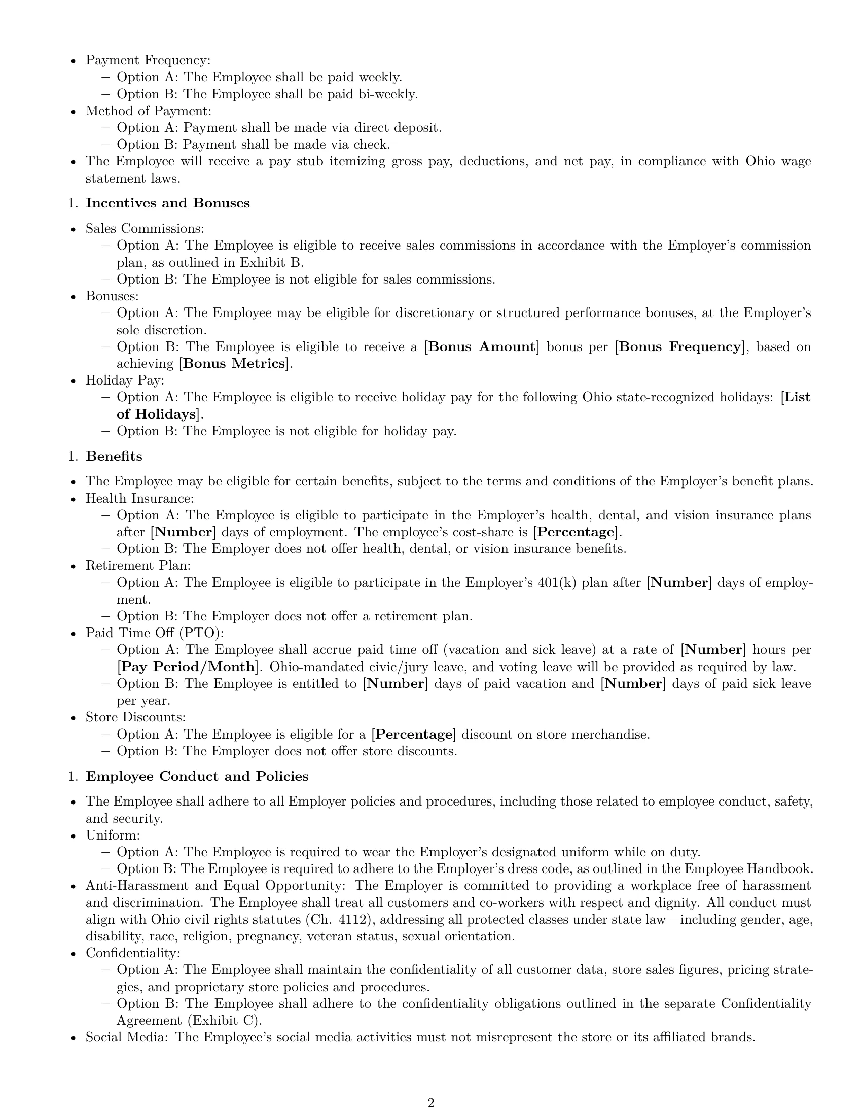 Preview page 2 of Free Ohio retail sales associate employment contract template