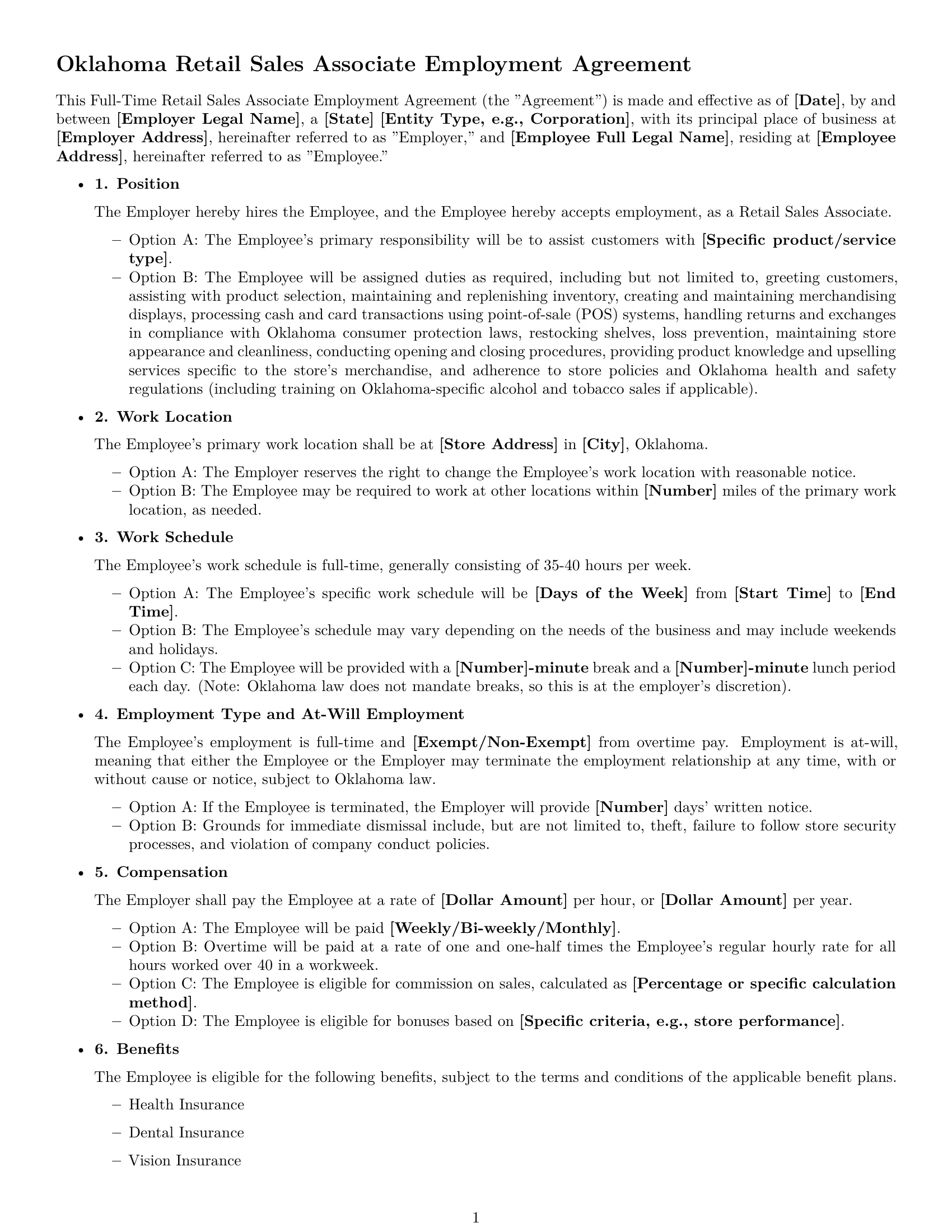 Preview page 1 of Free Oklahoma retail sales associate employment contract template