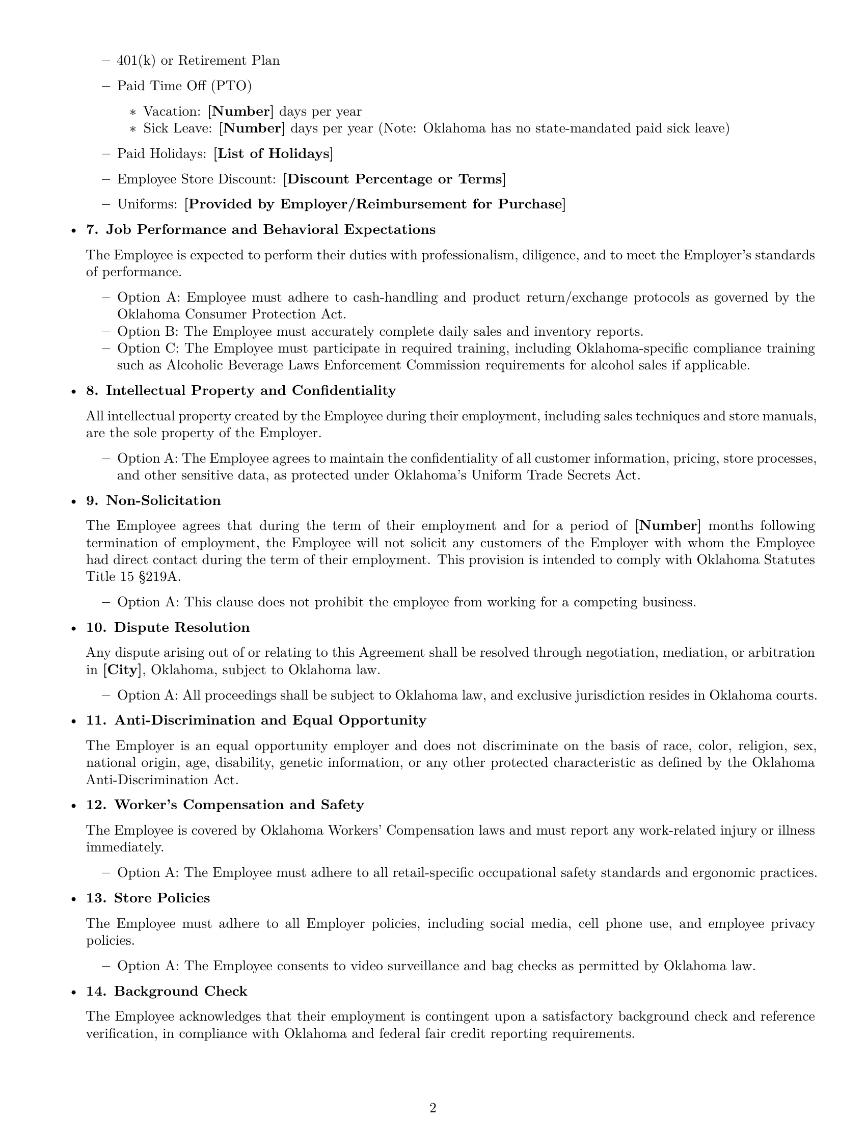Preview page 2 of Free Oklahoma retail sales associate employment contract template