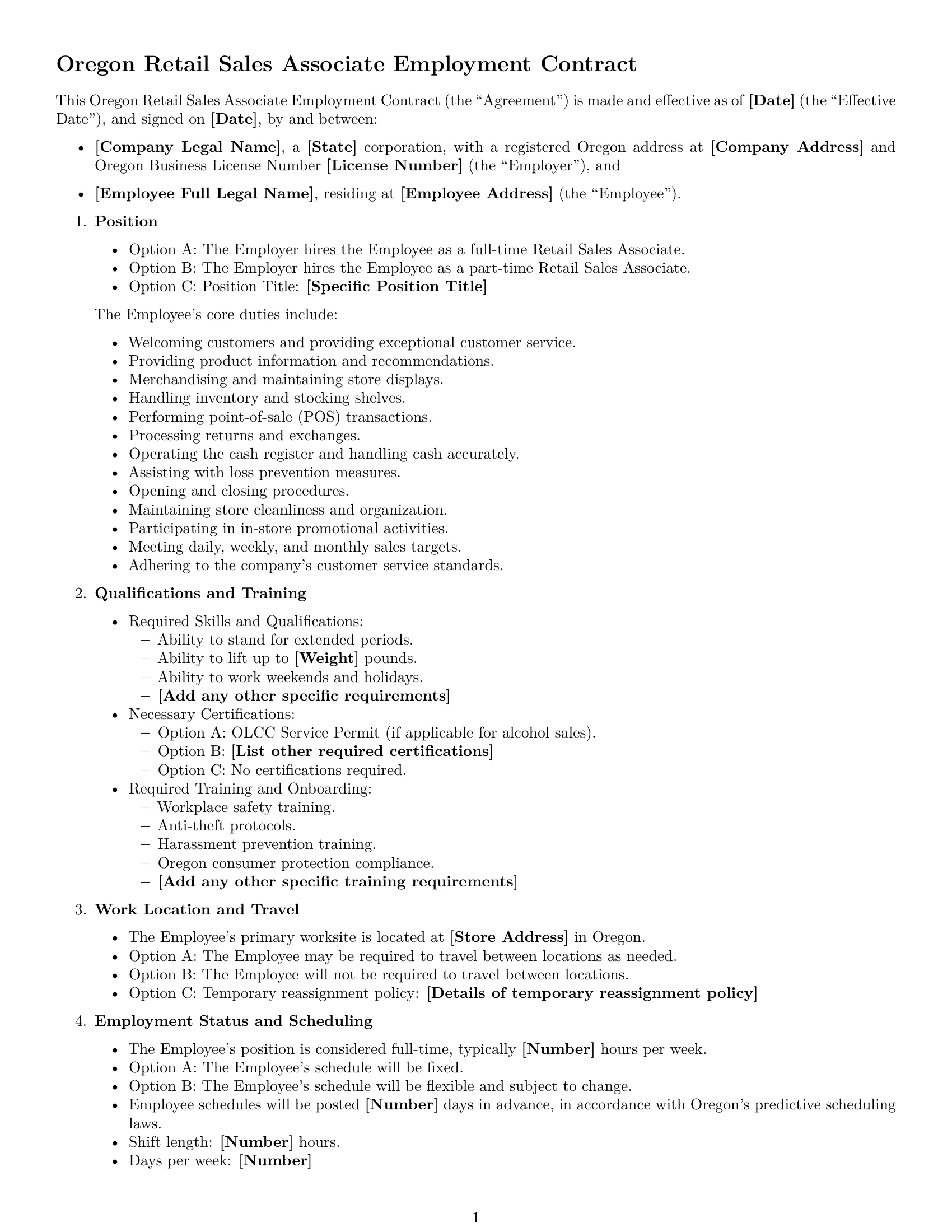 Preview page 1 of Free Oregon retail sales associate employment contract template