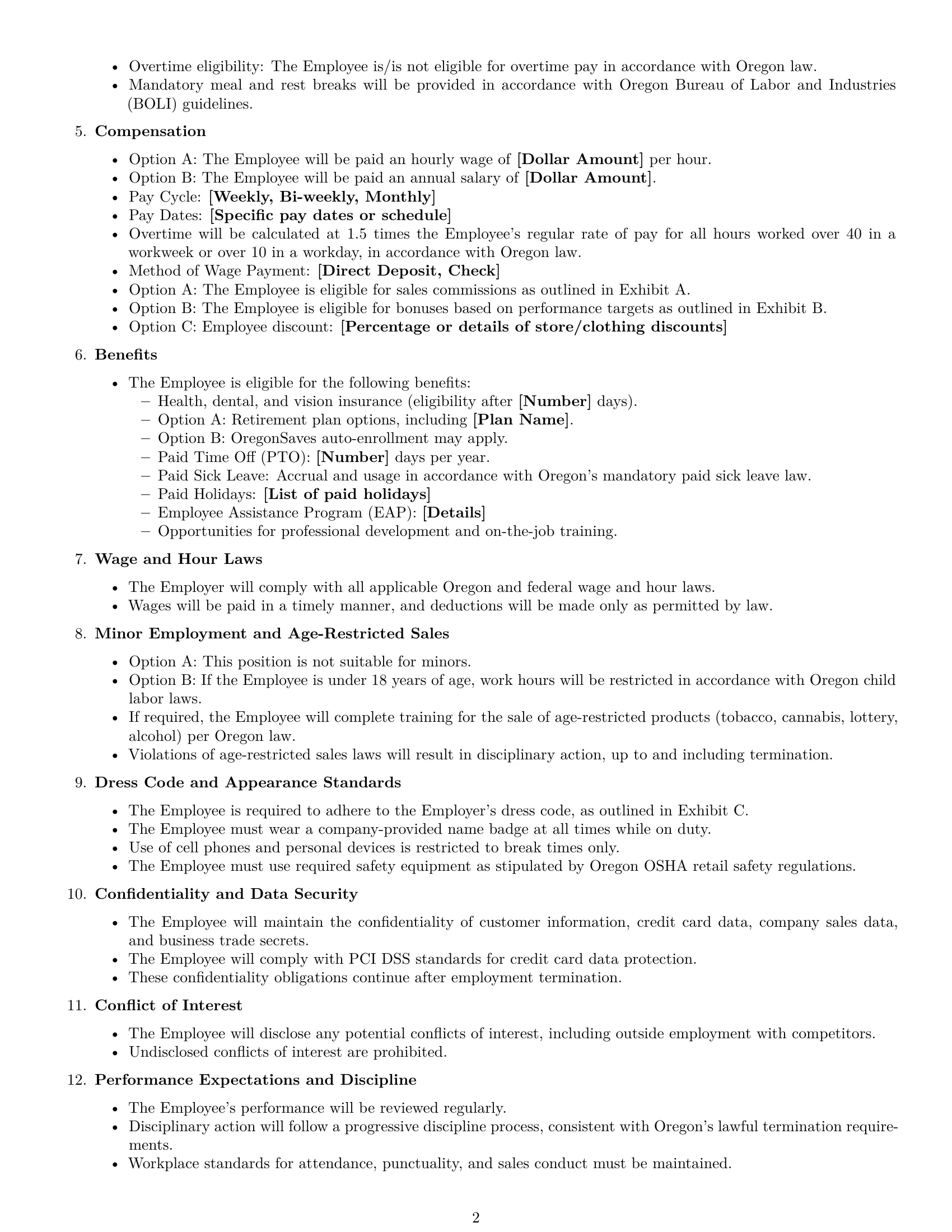 Preview page 2 of Free Oregon retail sales associate employment contract template
